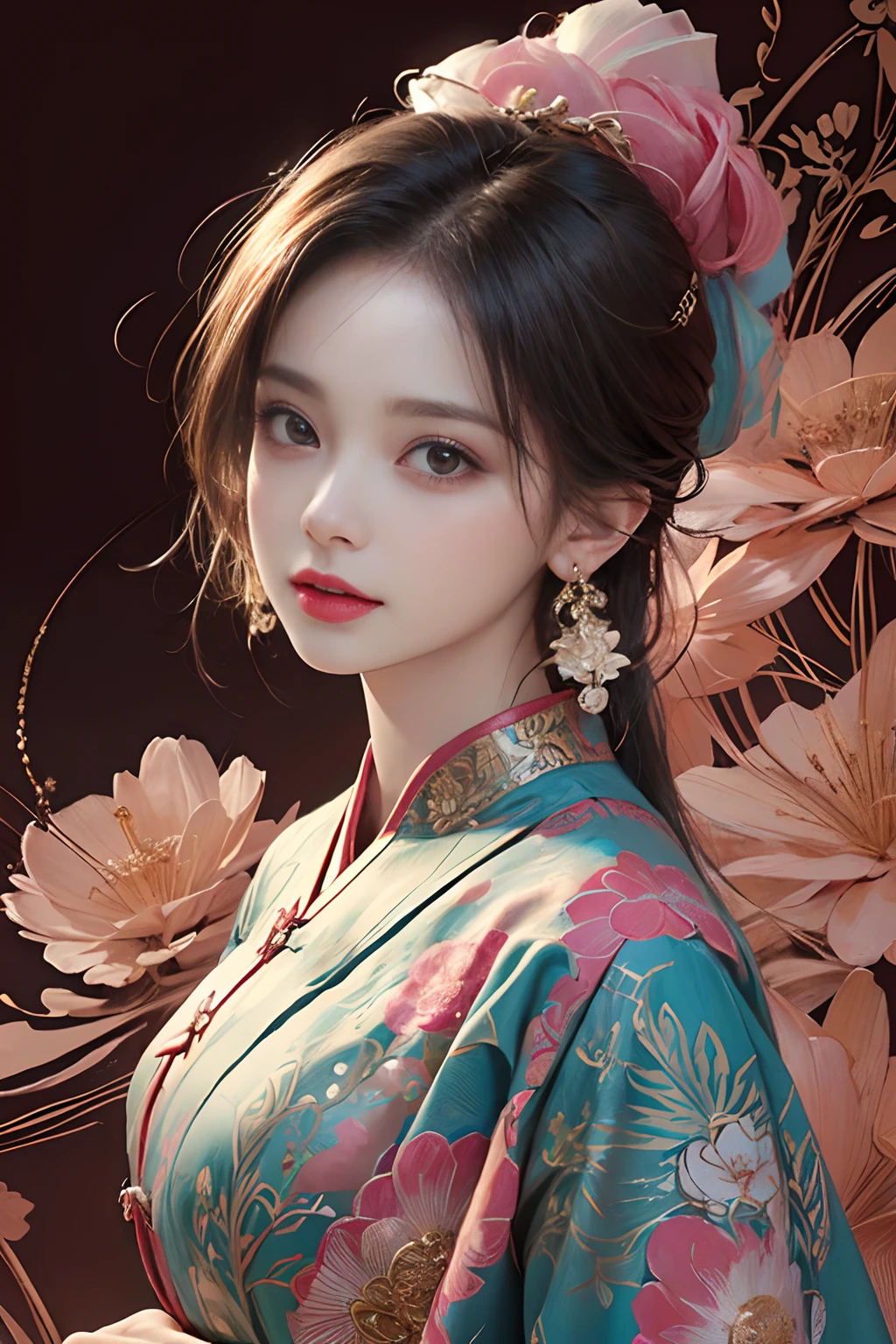 (masterpiece, top quality, best quality, official art, beautiful and aesthetic:1.2), (1girl:1.3), extremely detailed,(fractal art:1.1),(colorful:1.1)(flowers:1.3),highest detailed,(zentangle:1.2), (dynamic pose), (abstract background:1.3), (chinese Traditional cloth:1.2), (shiny skin), (many colors:1.4), ,(earrings:1.4),