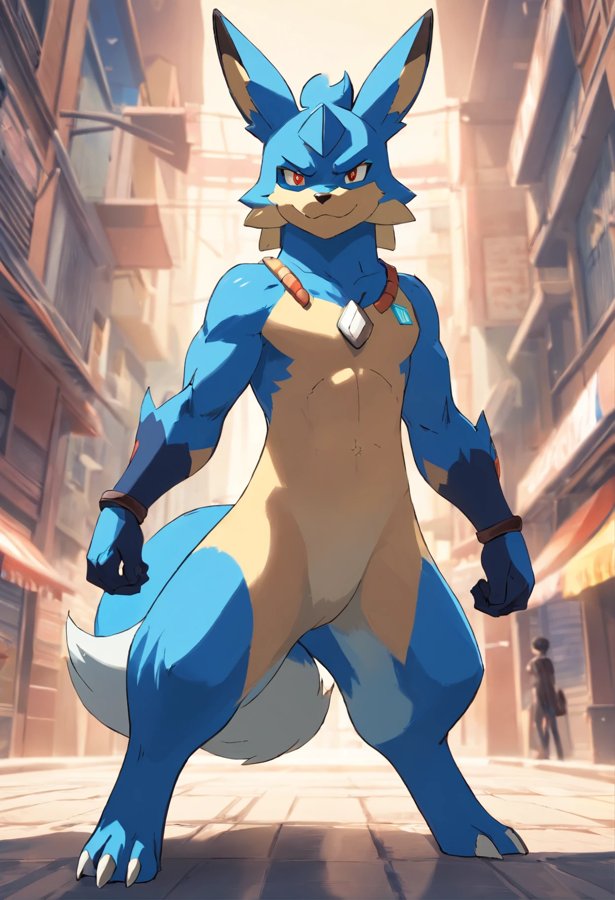 lucario, A pokémon, furry, large build, manly, very muscular, solo posing, huge bikini bulge,