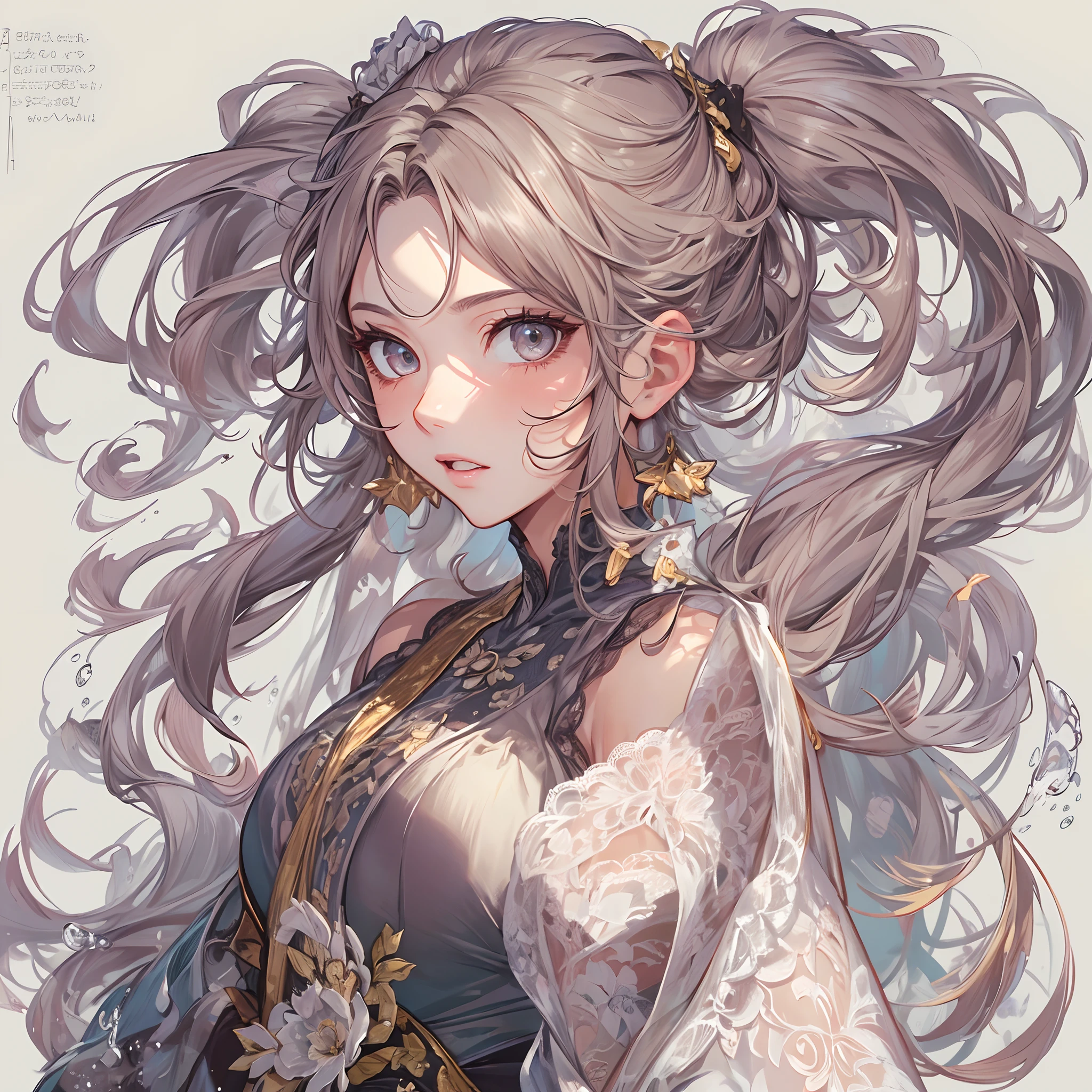 ((Masterpiece, Highest quality)), Detailed face, CharacterDesignSheet, full bodyesbian, Full of details, Multiple poses and expressions, Highly detailed, Depth, Many parts,Martial arts girl,double-ponytail,estilo fantasia,Extremely beautiful,High Balance, Natural light, Lace,lacepantyhose,Water ripples surround,The water is rippling