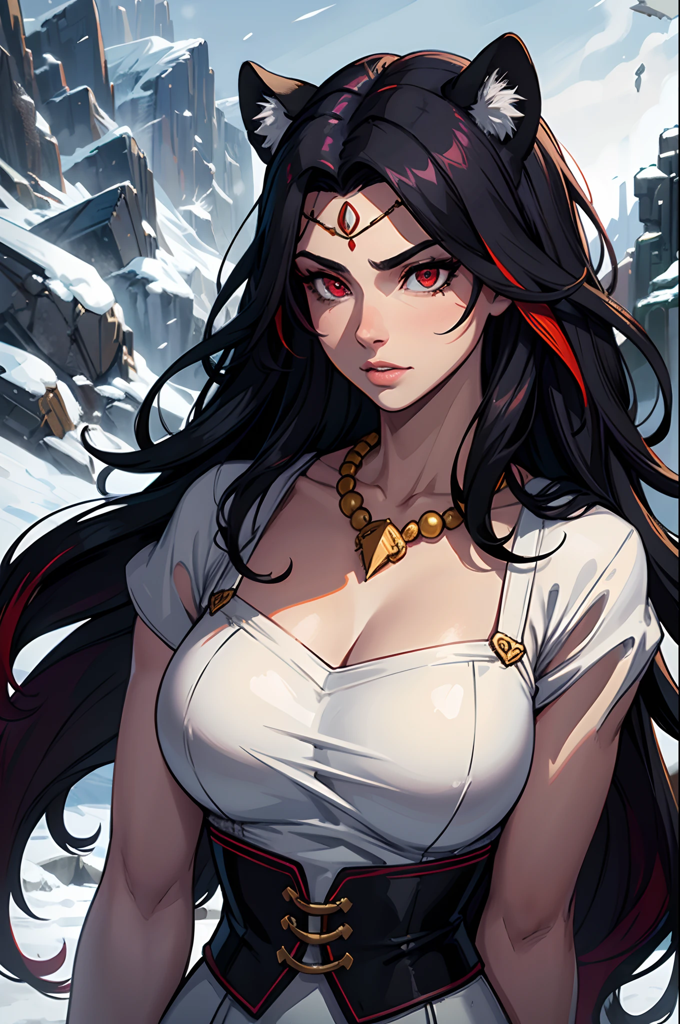 (masterpiece, best quality:1.2), 1man, upper body, tail, large tail, black hair, very long hair, wavy hair, red eyes, detailed eyes, multicolored hair, circlet, bead necklace, animal ears, leopard ears, black cape, white attire, snowy, snowy mountains, blizzard, volumetric lighting, subsurface scattering, cinematic lighting, chiaroscuro, floating hair, hand on own chest, mature look, human ears covered by hair, black beard. male, man.