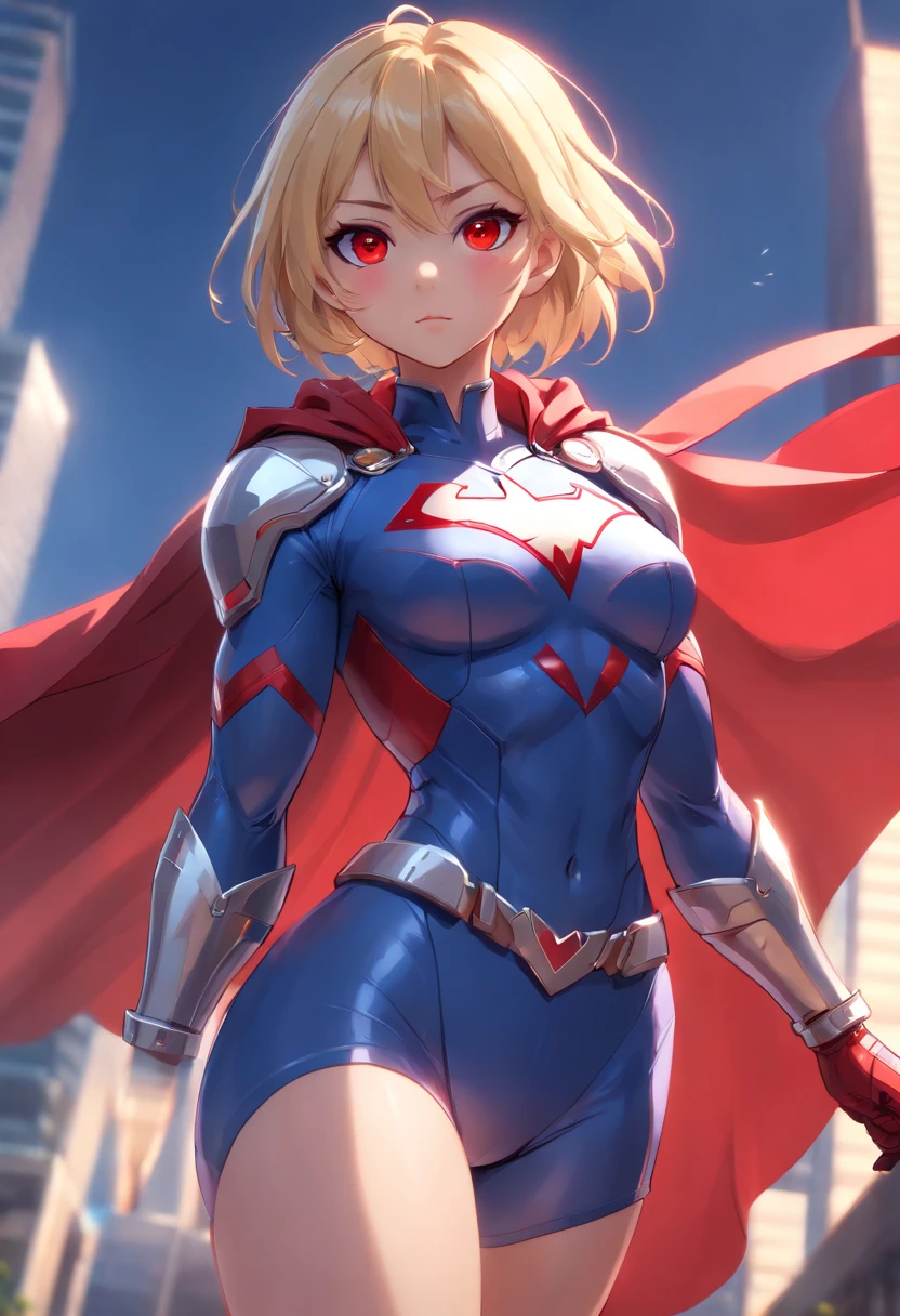 girl in a blue bodysuit white sleeves short blonde hair ((american flag cape)) ((red elbow length gloves:1.2)) hq 8k popular on art station super hero soft lighting dark lighting highlights backlighting soft lighting windy loose sky clouds and sun, ((gigantic breasts)), (abs), ((athletic lean body)), mighty superhero, (powergirl), (Realistic:1.5), ultra realistic 8k CG, perfect artwork, ((perfect female figure)), silver metal superhero armor, thick thighs,wide hips, highly detailed crimson red eyes, sharp eyes, muscular, toned body, chiseled abs, detailed lips, detailed mouth, cute face, detailed nose, octane render, sharp focus,(8k), (4k), masterpiece