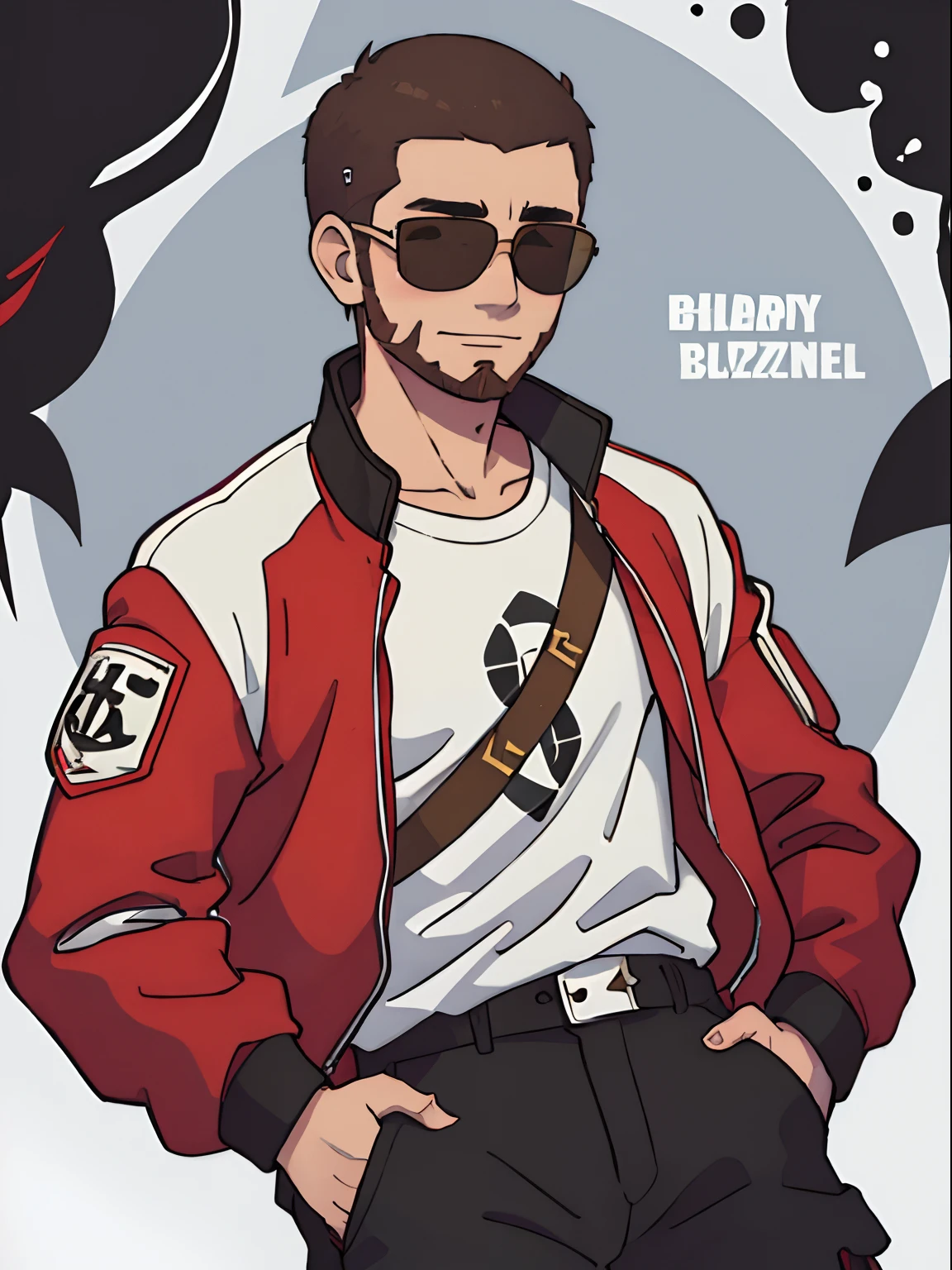 (1 boy), (alone), ( adult), white skin, brown buzzcut hair, brazilian juliete sunglasses, headphones around neck, happy face, ginger full beard, black cargo pants, red jacket, white t-shirt, ((high quality)), ((very detailed))