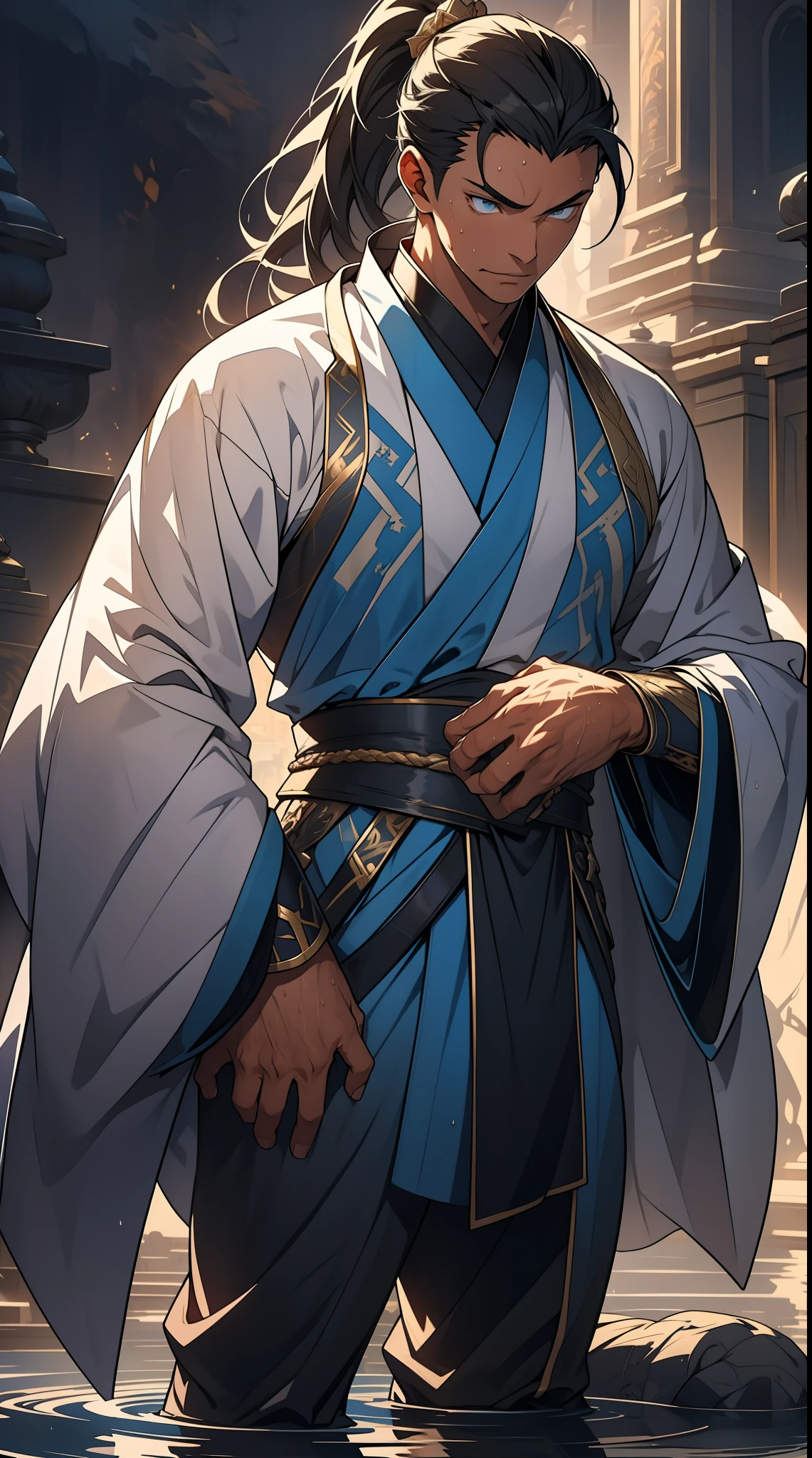 quadratic element,style of anime,mtu(Male Warrior),The proportions are correct,Face details,swordsmen,High ponytail hairstyle,Neck details,There is an Adam's apple,White robe,kaftan,long white robe,clothes details,Handing over,longer sleeves,Game quality,Swordsmanship,Light and shadow tracking,Ray traching,detailed glow,cg render,hair detail,cabelos preto e longos,blue colored eyes,Handsome,Handsome,(juvenile sense),Clothing is complicated,Perfectcomposition,Refinement,high qulity,higher details,Lots of details,The background is complex,a sense of atmosphere, 1 man,is shy,Pee on the legs,pissing,Urine runs down the thighs,embarressed,exhilarated,is shocked,panicking,worry,A small puddle of their own urine forms around the feet,full bodyesbian,kneels on the ground,Very eager to pee,It's uncomfortable,Wet yourself,Urine discharge, Sweaty crotch,Drenched,