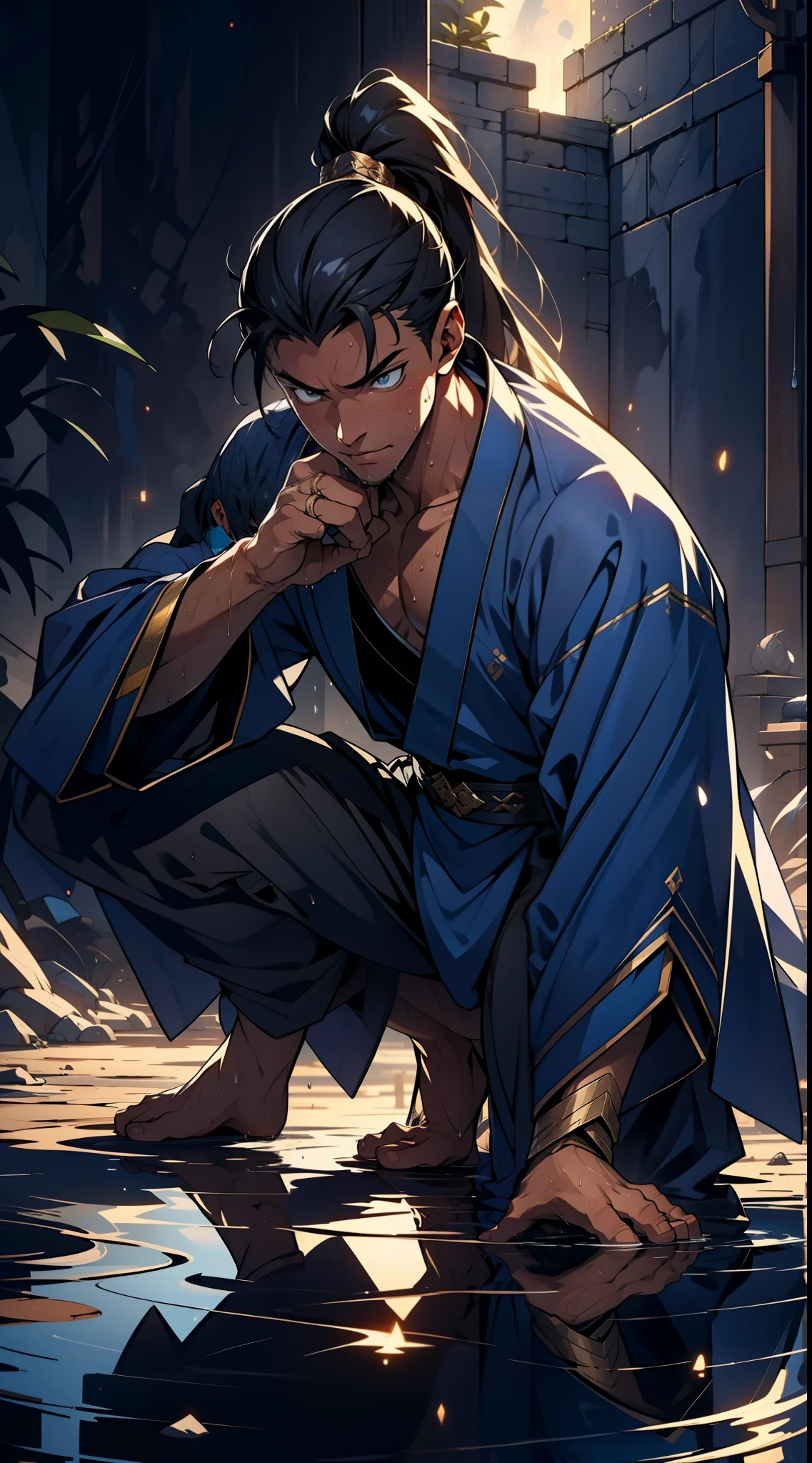 quadratic element,style of anime,mtu(Male Warrior),The proportions are correct,Face details,swordsmen,High ponytail hairstyle,Neck details,There is an Adam's apple,Blue suit,kaftan,long blue robes,clothes details,Handing over,longer sleeves,Game quality,Swordsmanship,Light and shadow tracking,Ray traching,detailed glow,cg render,hair detail,Black long hair,blue colored eyes,Handsome,Handsome,(juvenile sense),Clothing is complicated,Perfectcomposition,Refinement,high qulity,higher details,Lots of details,The background is complex,a sense of atmosphere, 1 man,is shy,Pee on the legs,pissing,Urine runs down the thighs,embarressed,exhilarated,is shocked,panicking,worry,A small puddle of their own urine forms around the feet,full bodyesbian,kneels on the ground,Very eager to pee,It's uncomfortable,Wet yourself,Urine discharge, Sweaty crotch,Drenched,
