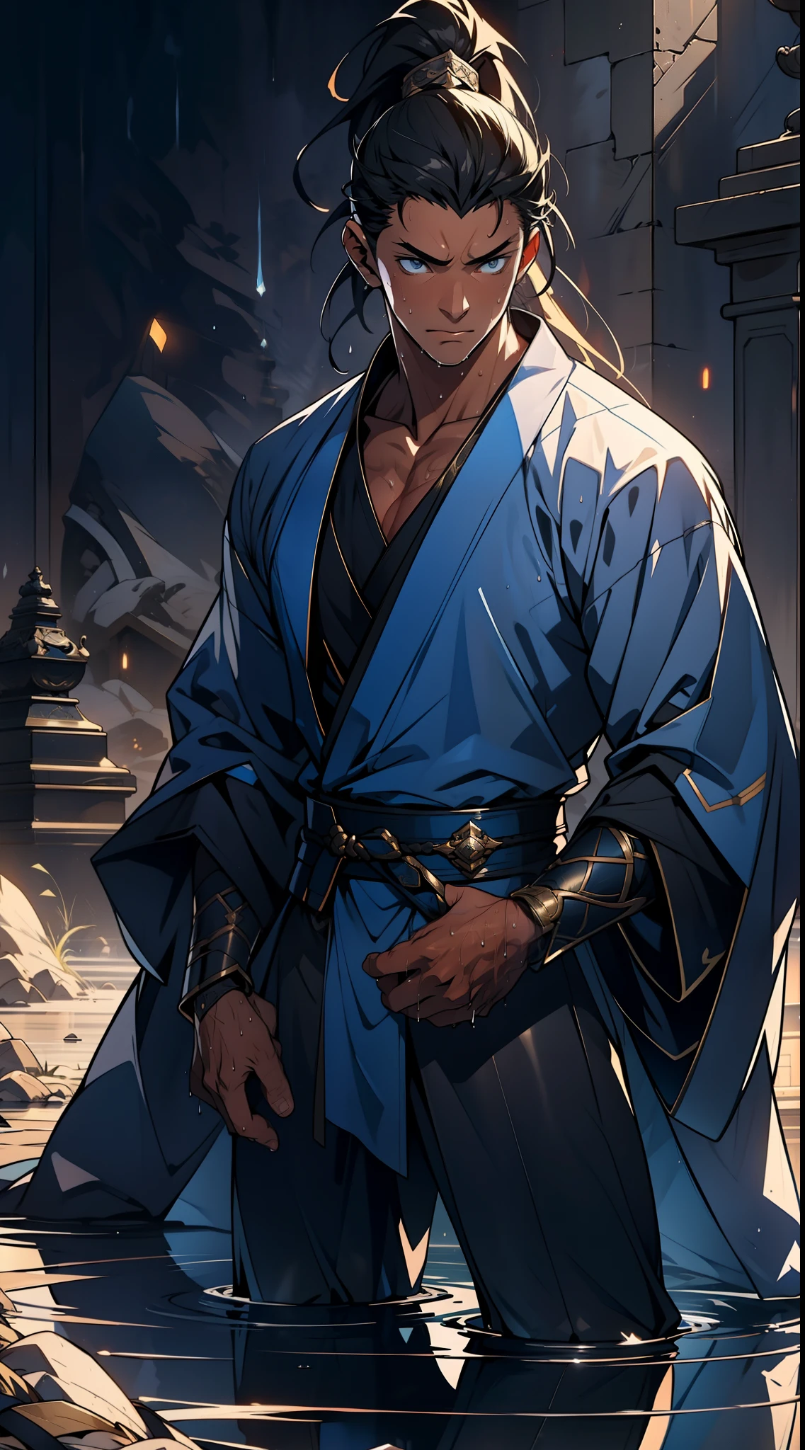 quadratic element,style of anime,mtu(Male Warrior),The proportions are correct,Face details,swordsmen,High ponytail hairstyle,Neck details,There is an Adam's apple,Blue suit,kaftan,long blue robes,clothes details,Handing over,longer sleeves,Game quality,Swordsmanship,Light and shadow tracking,Ray traching,detailed glow,cg render,hair detail,Black long hair,blue colored eyes,Handsome,Handsome,(juvenile sense),Clothing is complicated,Perfectcomposition,Refinement,high qulity,higher details,Lots of details,The background is complex,a sense of atmosphere, 1 man,is shy,Pee on the legs,pissing,Urine runs down the thighs,embarressed,exhilarated,is shocked,panicking,worry,A small puddle of their own urine forms around the feet,full bodyesbian,kneels on the ground,Very eager to pee,It's uncomfortable,Wet yourself,Urine discharge, Sweaty crotch,Drenched,