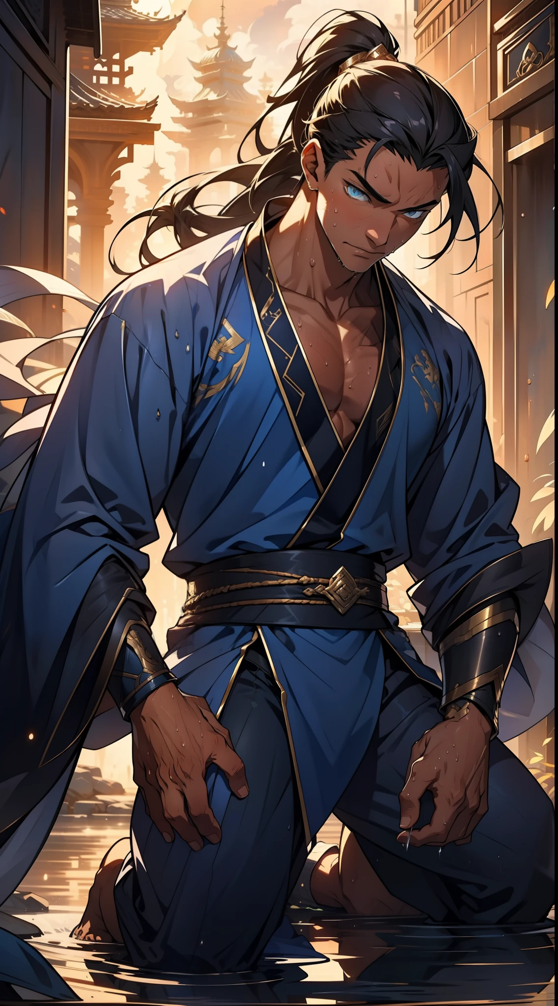 quadratic element,style of anime,mtu(Male Warrior),The proportions are correct,Face details,swordsmen,High ponytail hairstyle,Neck details,There is an Adam's apple,Blue suit,kaftan,long blue robes,clothes details,Handing over,longer sleeves,Game quality,Swordsmanship,Light and shadow tracking,Ray traching,detailed glow,cg render,hair detail,Black long hair,blue colored eyes,Handsome,Handsome,(juvenile sense),Clothing is complicated,Perfectcomposition,Refinement,high qulity,higher details,Lots of details,The background is complex,a sense of atmosphere, 1 man,is shy,Pee on the legs,pissing,Urine runs down the thighs,embarressed,exhilarated,is shocked,panicking,worry,A small puddle of their own urine forms around the feet,full bodyesbian,kneels on the ground,Very eager to pee,It's uncomfortable,Wet yourself,Urine discharge, Sweaty crotch,Drenched,
