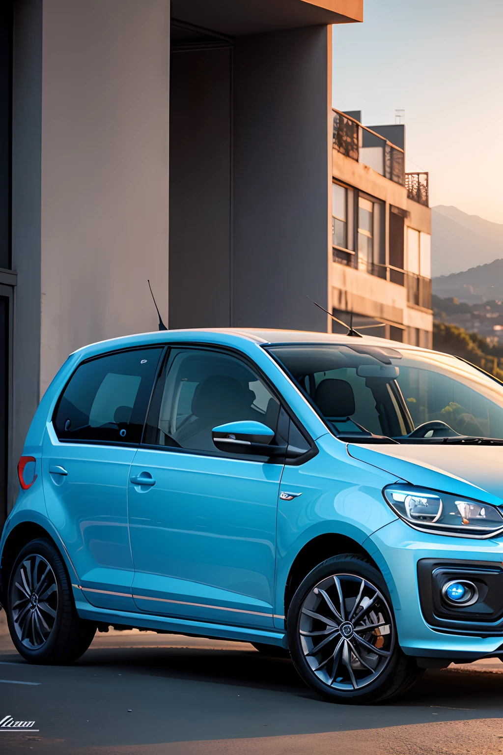 VW UP, cor azul metalico, rodas pretas, paisagem por do sol
