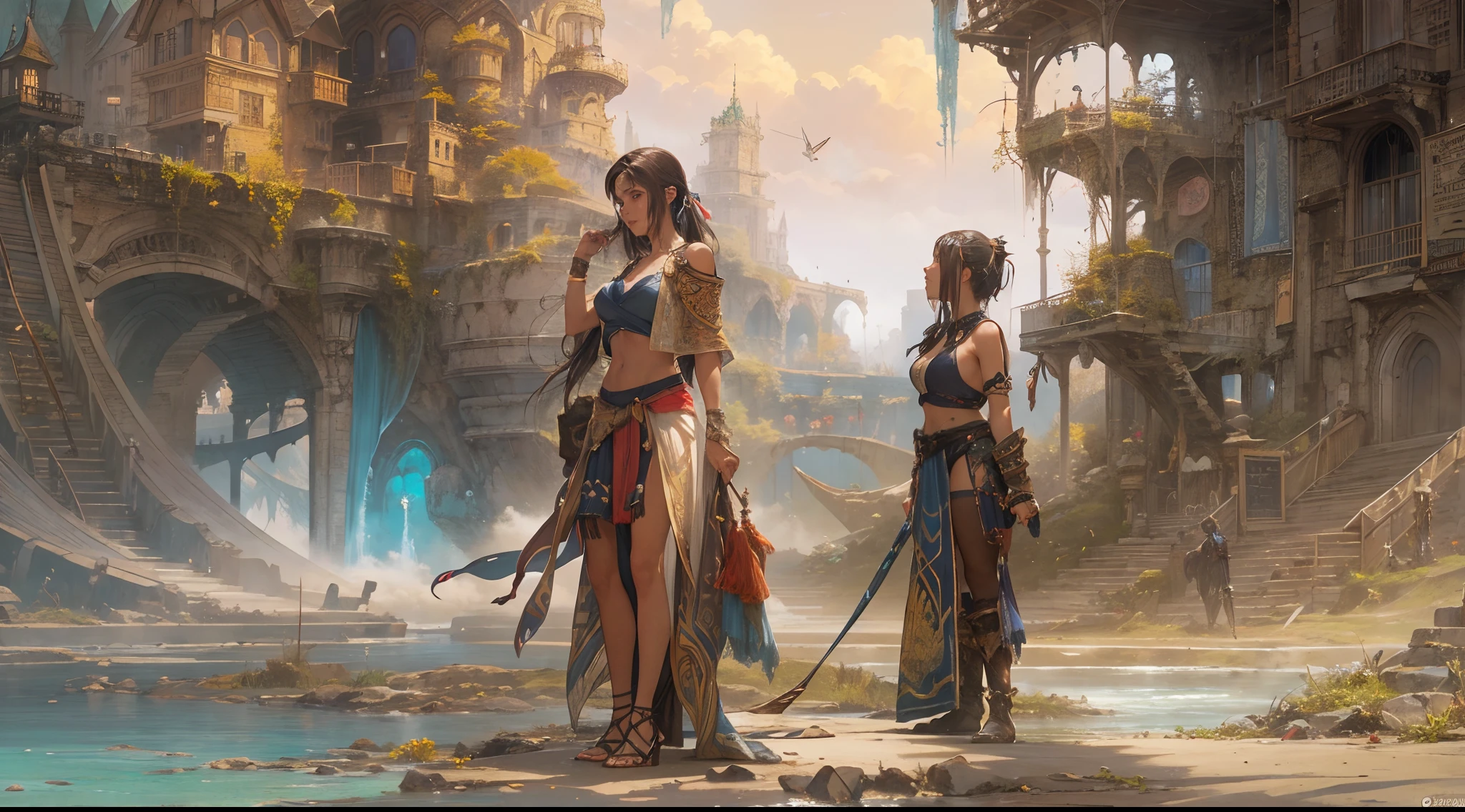 "Develop a breathtaking artificial intelligence artwork that beautifully captures the essence of the beloved game Final Fantasy X. In this composition, focus on the main characters, ensuring each one is represented with exquisite attention to detail.
Tidus: Depict him with his iconic sword, the Brotherhood, ready to face any challenge. Capture his energetic and determined expression as he embodies the spirit of adventure.
Yuna: Show her summoning power in action, surrounded by the mystical aura of the aeons. Illustrate her gentle yet courageous demeanor, symbolizing hope and strength.
Auron: Place him as the experienced guardian he is, wielding the legendary katana, Masamune. Emphasize his wise and stoic presence, reflecting the wisdom of ages.
Wakka: Present him with his blitzball, showcasing his sporty and cheerful nature. Capture his unwavering loyalty to his friends and the guardianship of his home.
Lulu: Picture her with a spellcasting stance, accompanied by her array of magical dolls. Express her enigmatic and calm aura, hinting at her hidden emotions.
Sin: Convey this malevolent force as a colossal, awe-inspiring entity in the background, emanating a sense of danger and chaos that our heroes must face.
Now, turn your attention to the breathtaking locations of Spira:
Temple of Zanarkand: Depict this ancient and mystical structure, half-submerged in water, overlooking the remnants of a once-great civilization.
Thunder Plains: Illustrate the electrifying atmosphere with intense lightning storms and towering lightning rods, creating a sense of danger and wonder.
Macalania Lake: Show the serene beauty of the crystal-clear lake surrounded by the enchanting Macalania Forest, conveying a sense of tranquility and magic.
Mount Gagazet: Capture the towering mountain range, covered in snow and clouds, with the majestic Ronso tribe proudly standing guard.
Luca: Bring to life the bustling city with its grand Blitzball stadium, energetic crowds, and lively waterfront