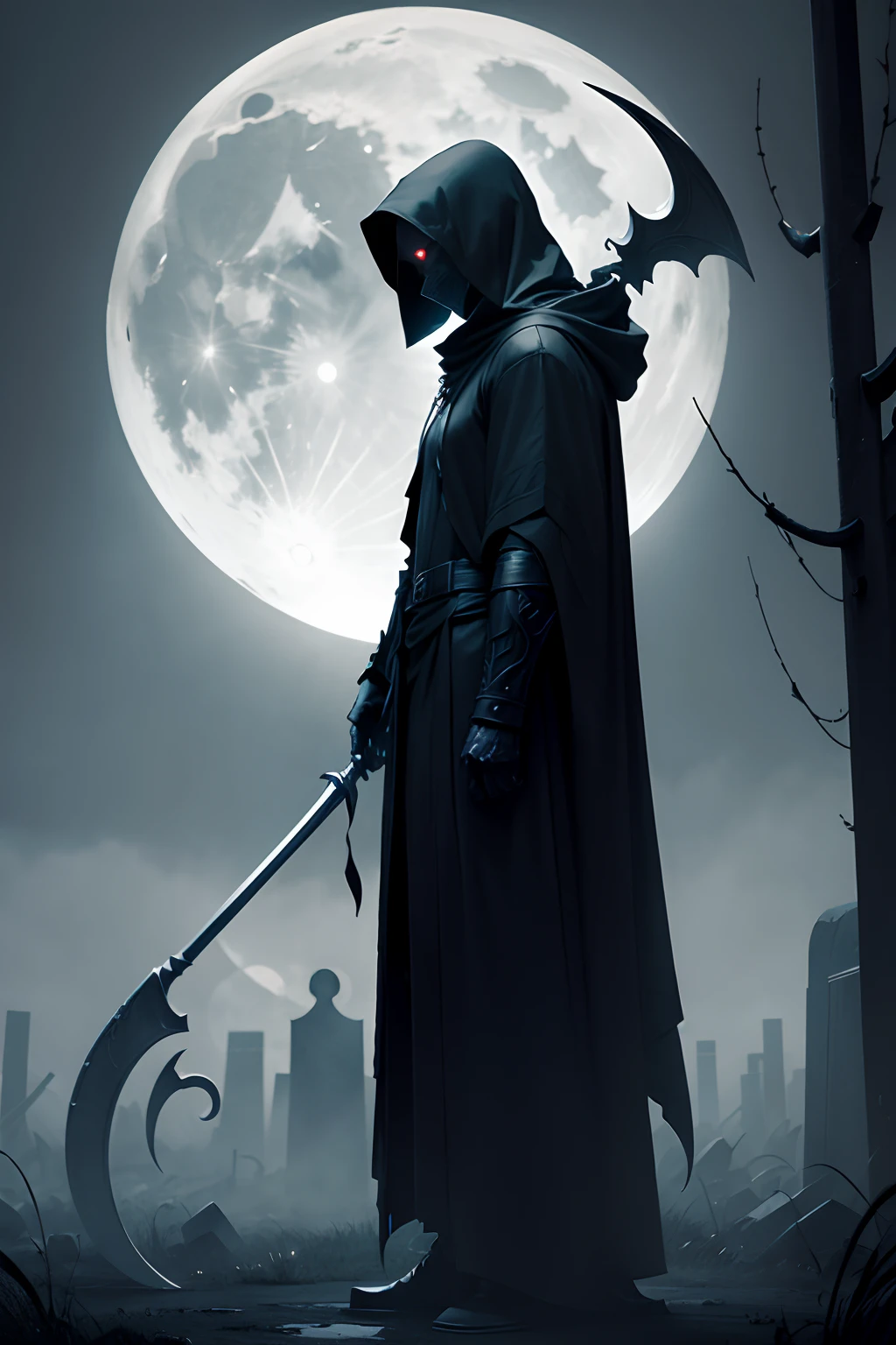 mysterious, hooded figure with a scythe, standing in a misty graveyard under a full moon. The figure should be shrouded in darkness, with only the eerie glow of their eyes and the blade of the scythe visible.”