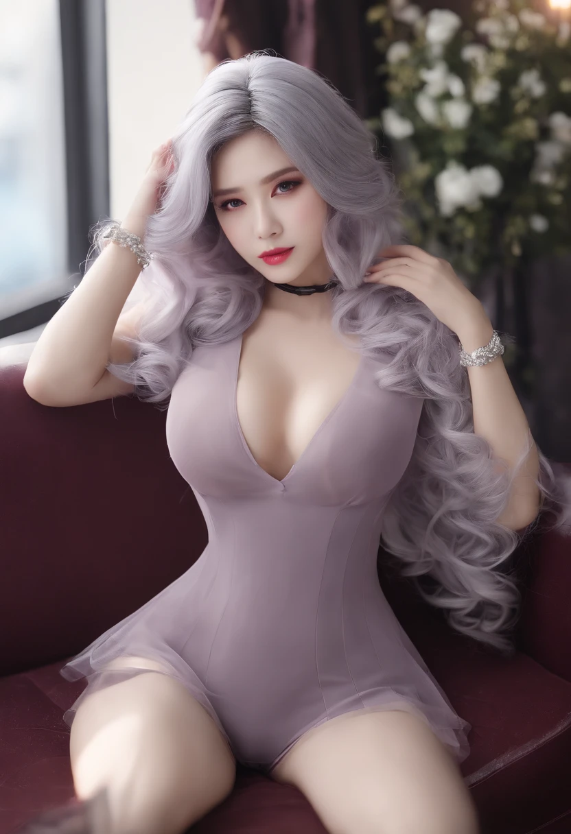 ((Best quality, 8k, Masterpiece :1.3)), dramatic lighting, pretty korean woman, 1girl, ((wavy hair, light gray hair, violet tones hair, highlights hair)), full body, huge breasts :1.3, (firm abs, slender figure :1.1), lustful, (panties :1.1), ultra-detailed face, detailed lips, detailed eyes, double eyelid, boudoir, black stockings, Black high heels, city background