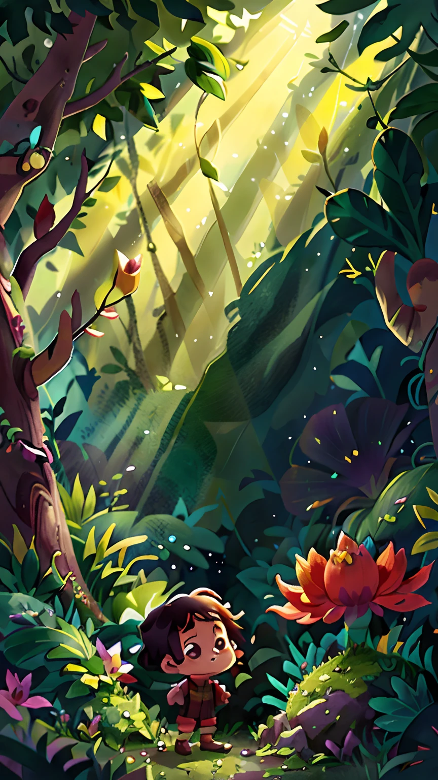 The brightly lit forest is full of orchids,Little girl walking