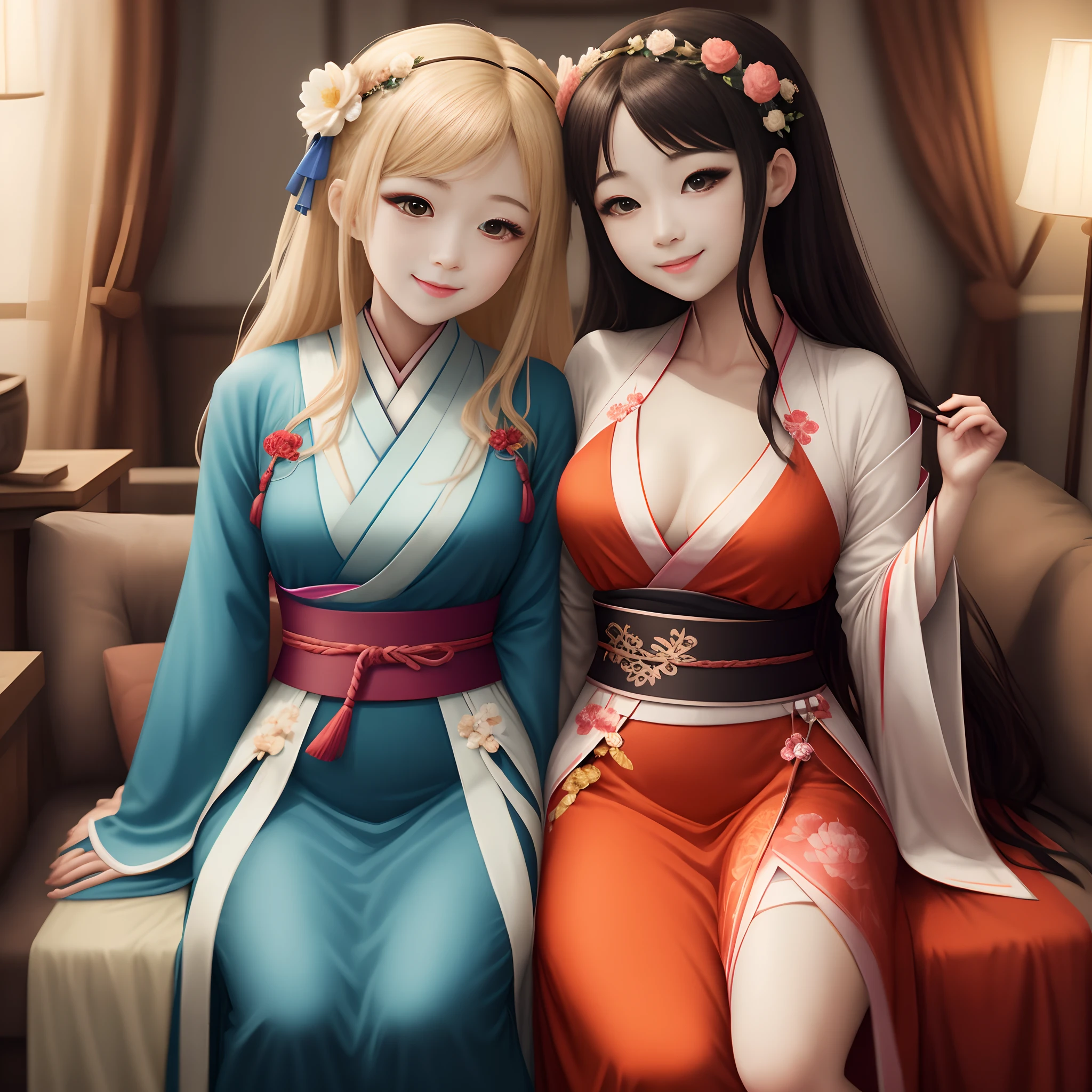 Movie Angle,(Cute girls,anatomy correct,full bodyesbian,Masterpiece camellia,Masterpiece Hanfu,ssmile),(illustratio,paper art,3Drenderingof),(plethora of colors,Best quality,high detal,tmasterpiece,Cinematic lighting effects,4K,Chiaroscuro)