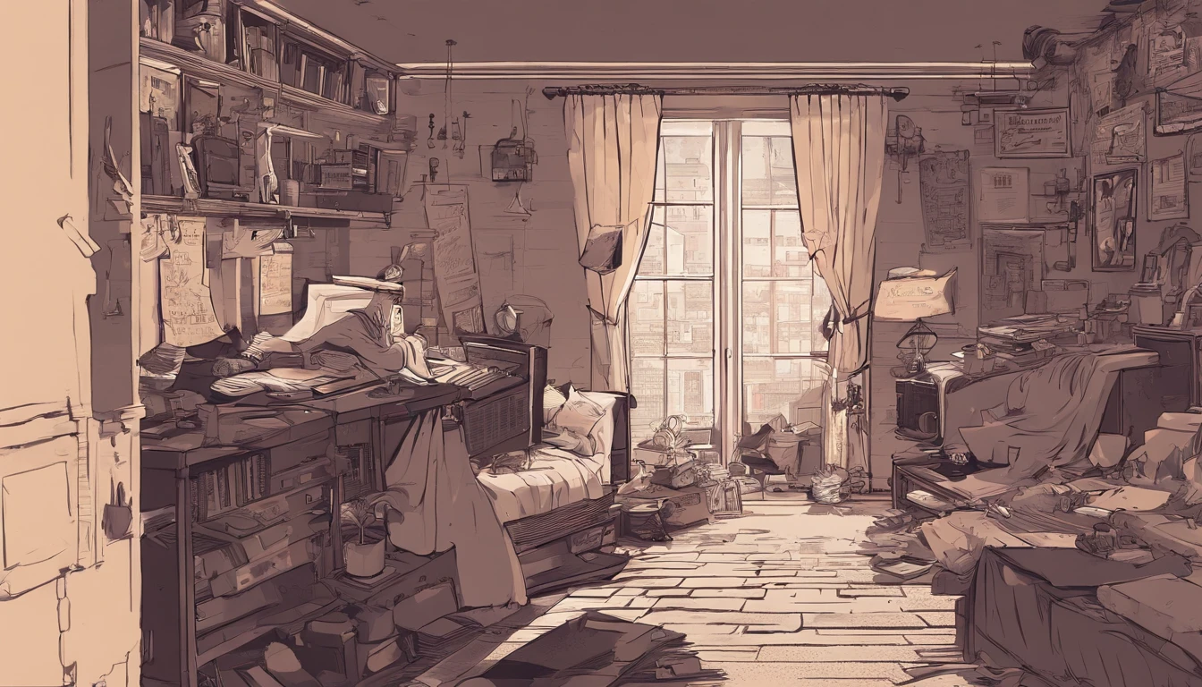 uma mulher negra de cabelo curto e crespo, sozinha em um apartamento decadente, olhando pela janela, She is surrounded by old photos and memories of a lost love, The shadows of the memories of the absent partner appear around you, como se fossem fantasmas do passado, arte digital estilo lo-fi
