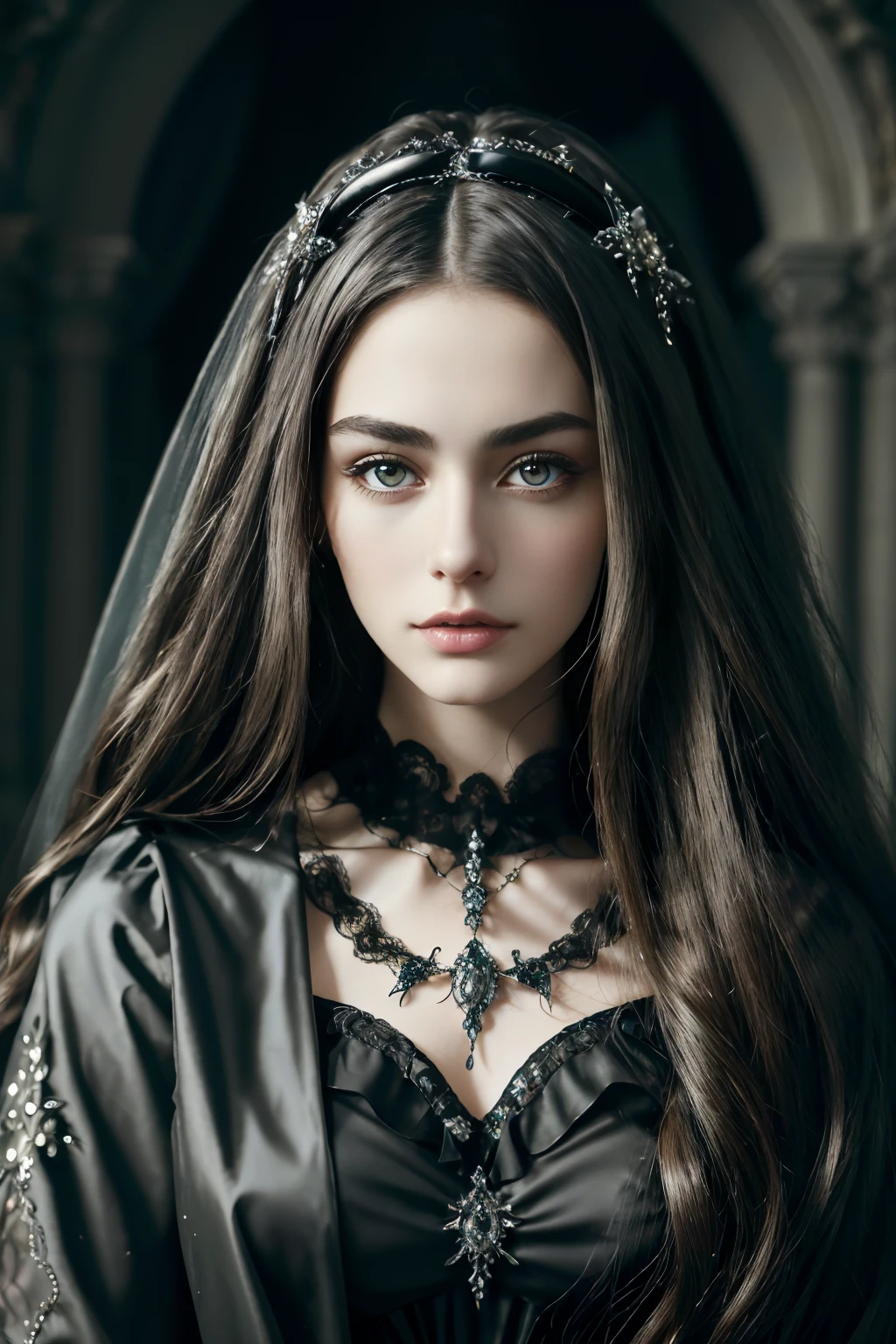 (Best quality, 4K, 8K, A high resolution, Masterpiece:1.2), (Ultra-detailed, Realistic portrait of the upper body of an aristocratic girl), Exquisite facial features,Clear and shiny colourless eyes,Long curly hair details expressed, The posture is leisurely and natural,Graceful posture, The golden ratio of the head and body,Dreamy Gothic atmosphere, expressive brush strokes, dark mystical ambience, Dark artistic interpretation,Delicately coiled hair,Floral filigree crystal diamond jewellery,Ultra-extreme detail,Exquisite details,Fresh aesthetics,Stunning intricate Gothic costumes, Fantasy illustration, Subtle colours and tones, mystical aura, looking at viewer, The details have been upgraded