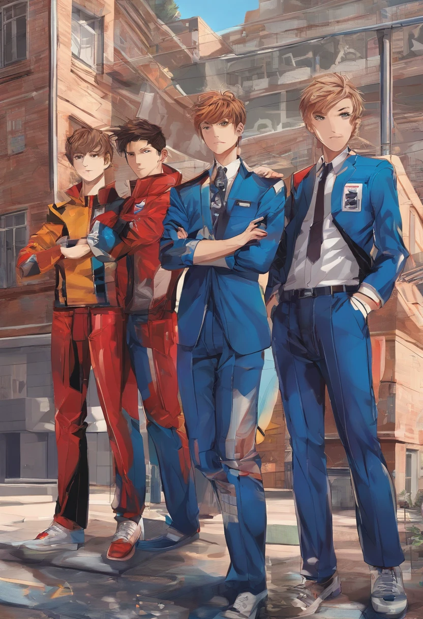 In the boys' dormitory，Four boys in colorful skinny latex suits，Glossy，college aged，Muscle men，head to toe