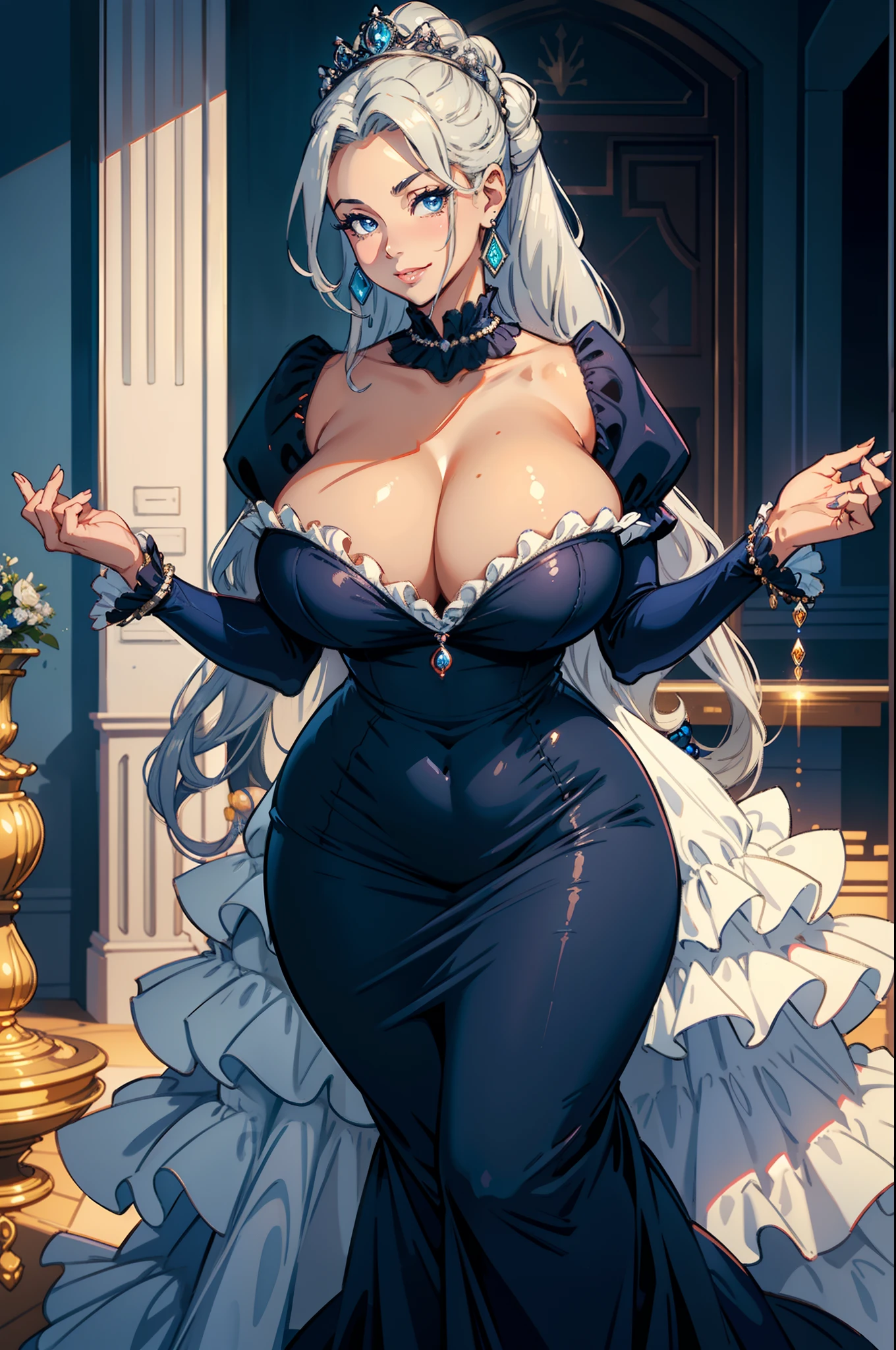 Best quality, solo mature woman, enormous breasts, giant ass, very curvy, tanned skin, half up ponytail, navy blue eyes, full lips, seductive, smiling, queen dress with long frilly sleeves, royal crown, silver jewellery, hand fan, dewdrop earrings, curvy physique, thick thighs, puffy dress bottom