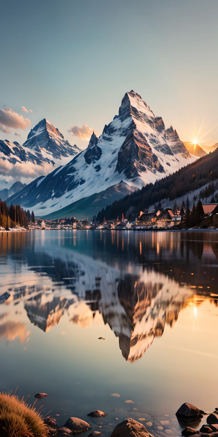 realisticlying、Swiss Matterhorn view from afar、The sun is setting