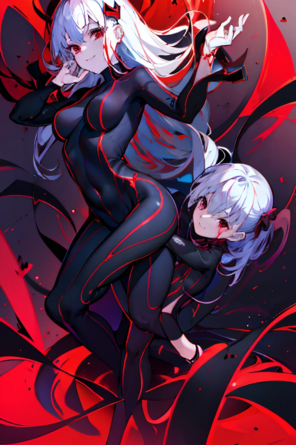 Black full body suit Red lines all over the body 3 girl seductiv a smile succubus Show your ass