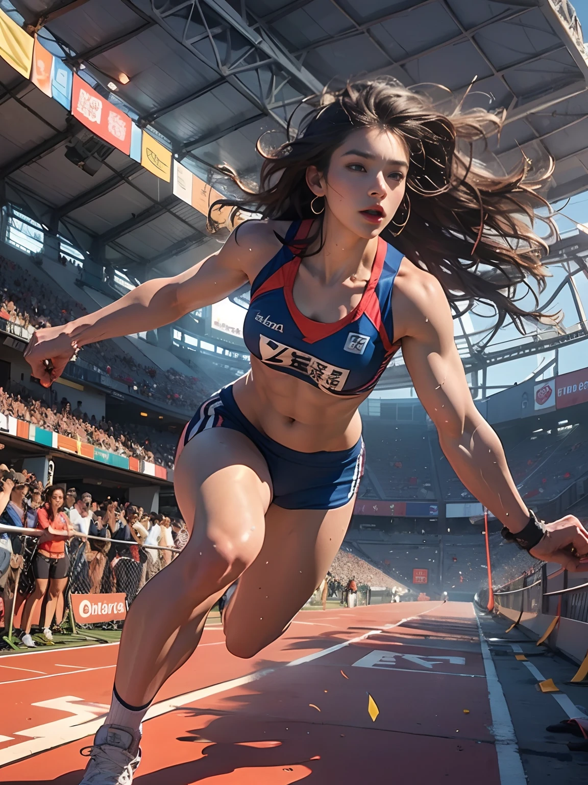 Strong female athlete, Wear high-end sportswear,Long flowing curly hair, Detailed muscle physique, Lifelike depiction, Sprint to the finish line,drenched all over the body,4K 分辨率. The stadium was packed with cheering crowds,detailedbackground,32k ULTRAHD, Best quality, Masterpiece, Super detail, High details