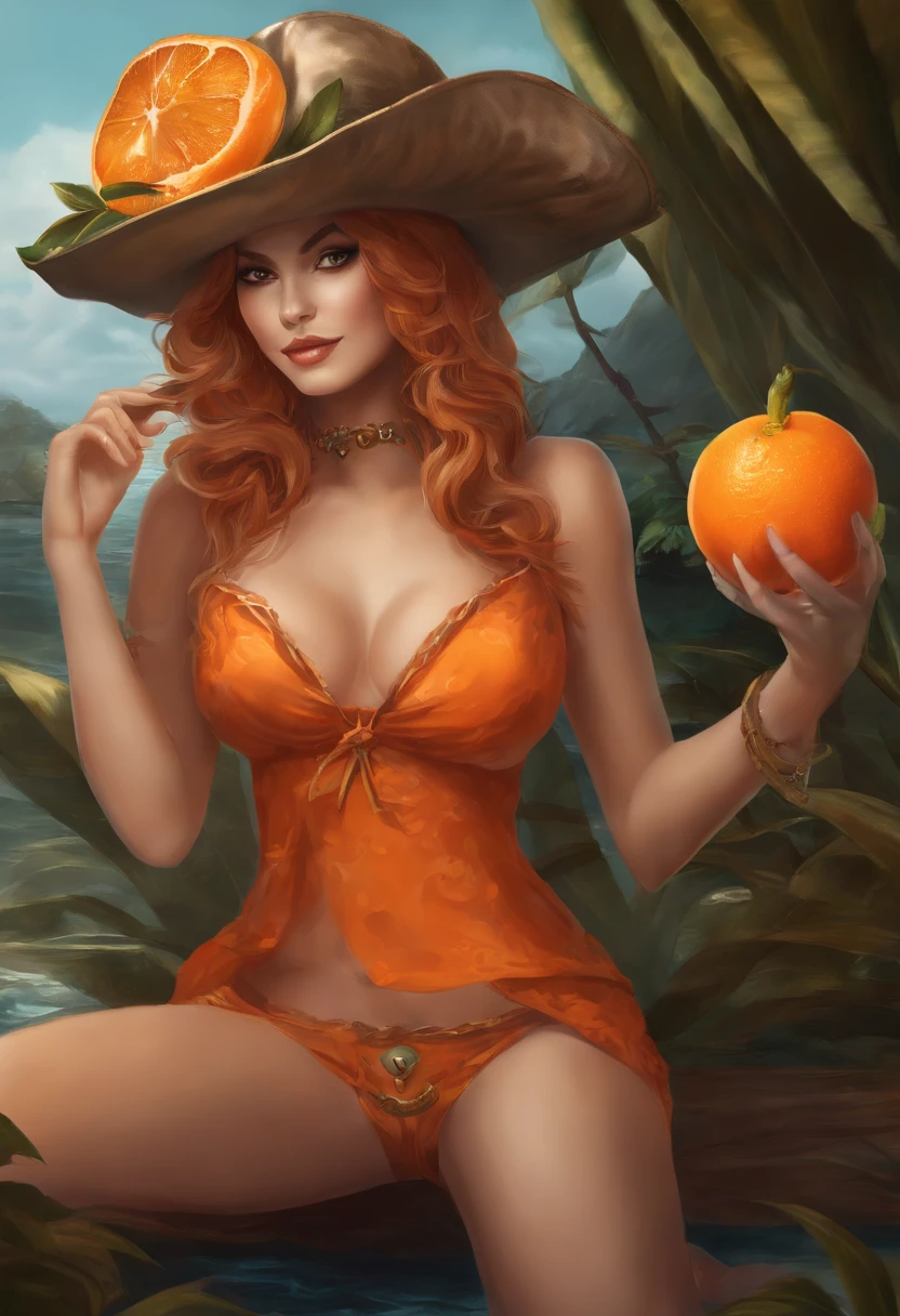 Generate an image of Nami from One Pièce with a tangerine in hand and a pirate hat
