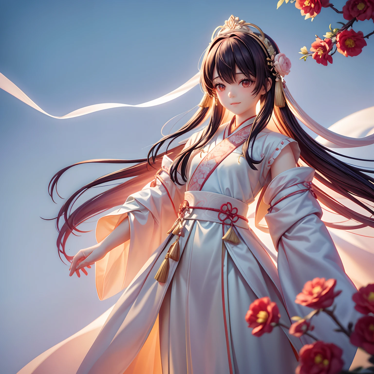 Movie Angle，（Cute boys，anatomy correct，full bodyesbian，Masterpiece camellia，Masterpiece Hanfu，ssmile），（illustratio，paper art，3Drenderingof），（plethora of colors，Best quality，high detal，tmasterpiece，Cinematic lighting effects，4K，Chiaroscuro）