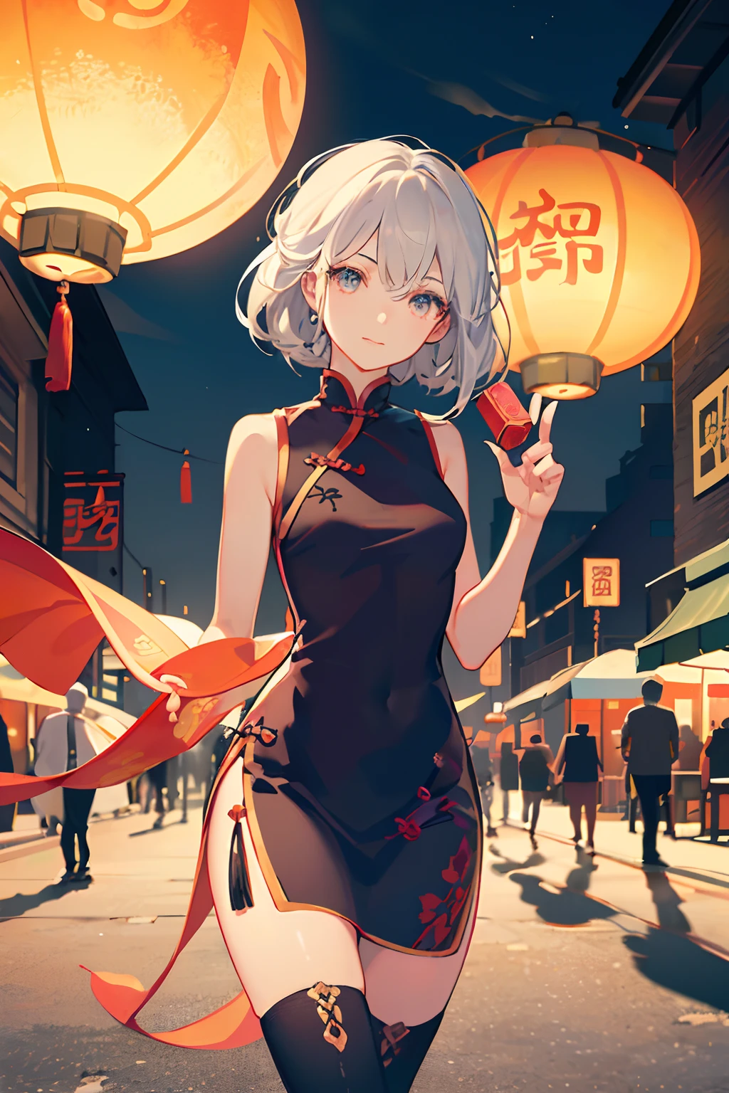 (An extremely delicate and beautiful), ((Masterpiece)), (((Best quality))), ((Ultra-detailed)), ((illustration)), ((Solo)), ((((A girl)))), (Beautiful detailed girl), (((Cheongsam))), Black eyes, ((((Beautiful detailed eyes)))), White hair, Mooncake Festival, (((Chinese Mid-Autumn Festival))), (Lanterns),firecrackers, temple fair, ((busy street)), (Detailed fireworks), finedetail, (firecrackers), ((the best building)), (((Best shadow))), Many people,