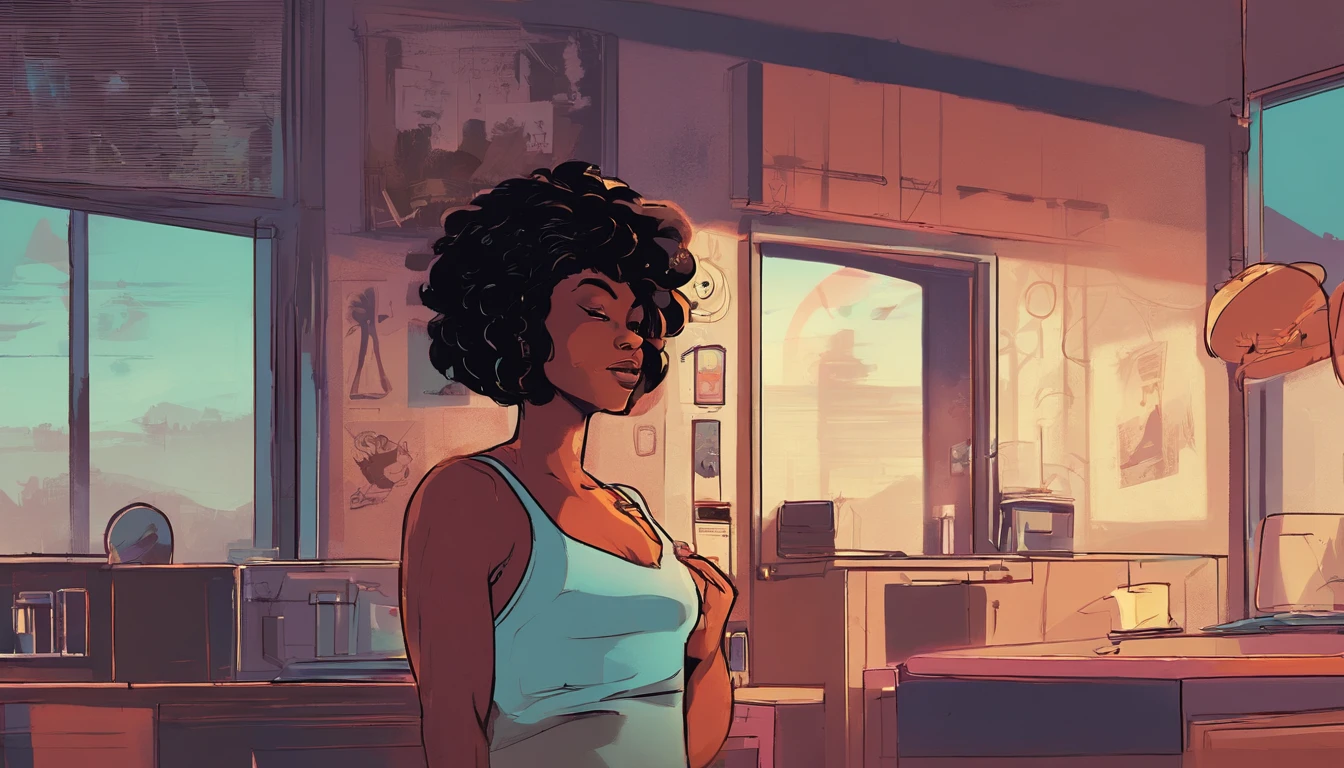 uma mulher negra de cabelo curto e crespo, sozinha em um apartamento decadente, olhando pela janela, arte digital estilo lo-fi