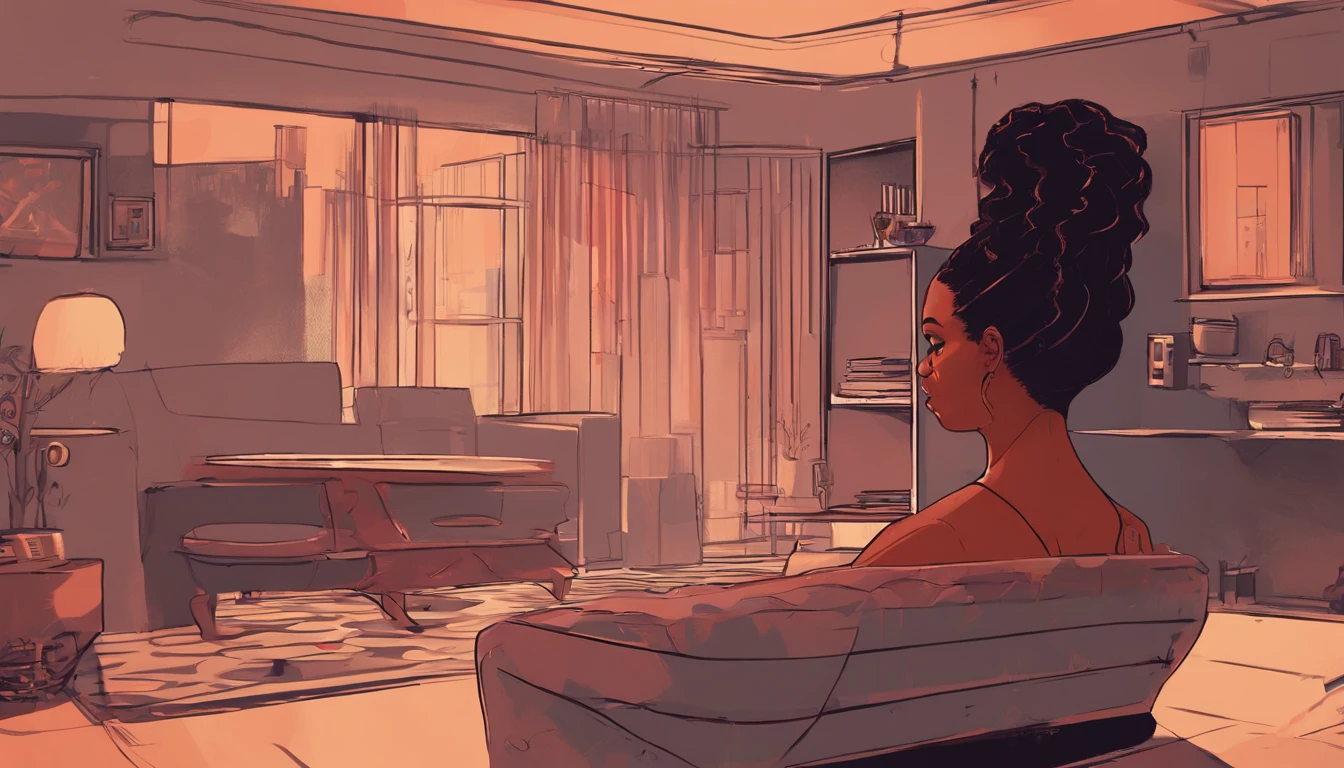 uma mulher negra de cabelo curto e crespo, sozinha em um apartamento decadente, olhando pela janela, arte digital estilo lo-fi, ultra detahado