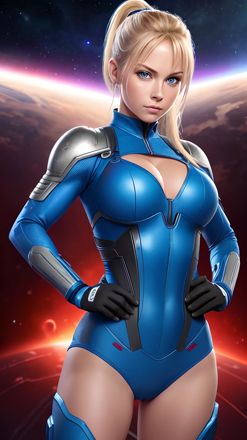 1girls blond blue eyes Female Star Warrior Delicate and beautiful face blushing face Blue pupils The lips open slightly HAIR LOIRO，High ponytail Busty Boobs Convex buttocks Dressed in a blue bodysuit，High-tech combat boots，Armed with a firearm，Weapons of the future，chest close-up，Close-up of buttocks，perfectly proportioned，samus aran，Detailed red and blue  clothing details，space station，Interstellar battlefield，High-tech scene，detailed backgorund，high quailty，master-piece，8K，