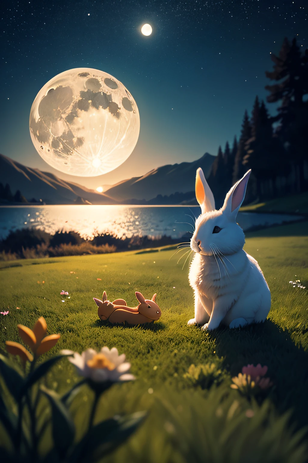 Large orange full moon，A starry night sky，Lawn below the moon，A small rabbit on the grass，Lake in front of lawn，Moon shadow in the water，Minimalist style poster