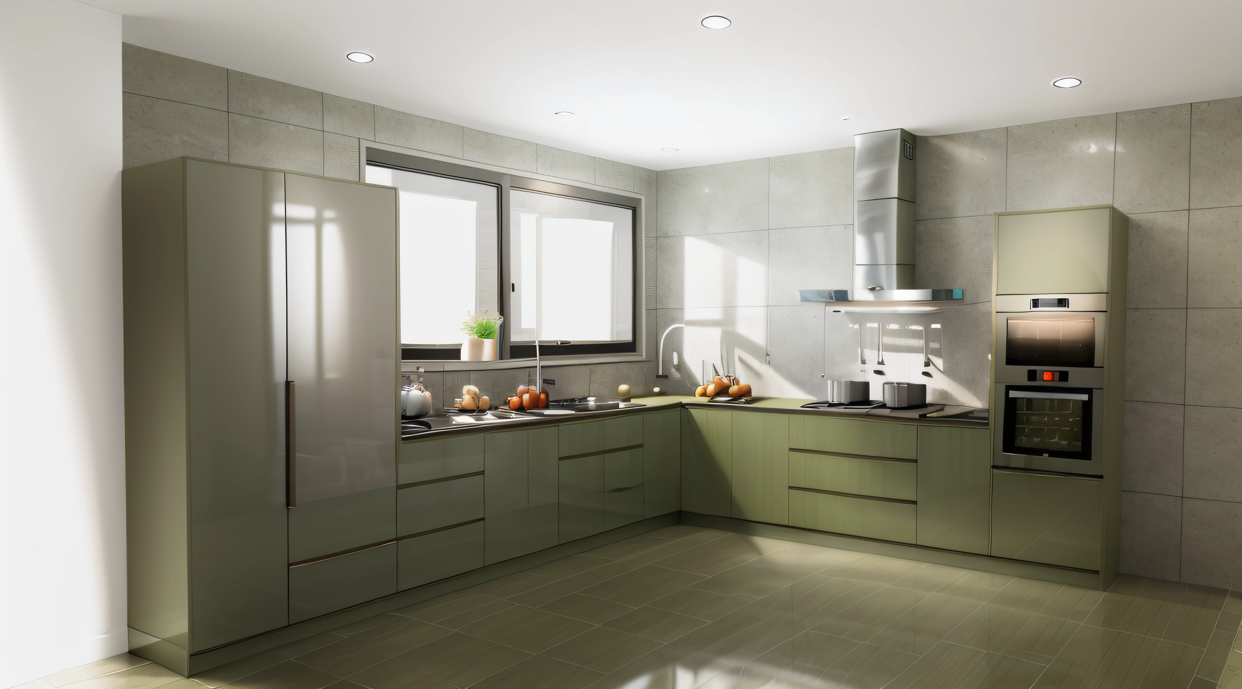 modern kitchen, (((glass window))), light from window, glossy mable floor,kitchen appliance,sink, faucet,long kitchen cabinets, archdaily architecture, , 8k uhd, dslr, soft light, high quality, film grain, Fujifilm XT3, food and drinks, ,((sharp lines)),plaster ceiling,(((olive lower kitchen cabinets:1.4))),((rough wall:1.1)), (nighlight), cinematic lighting,Walls do not reflect light