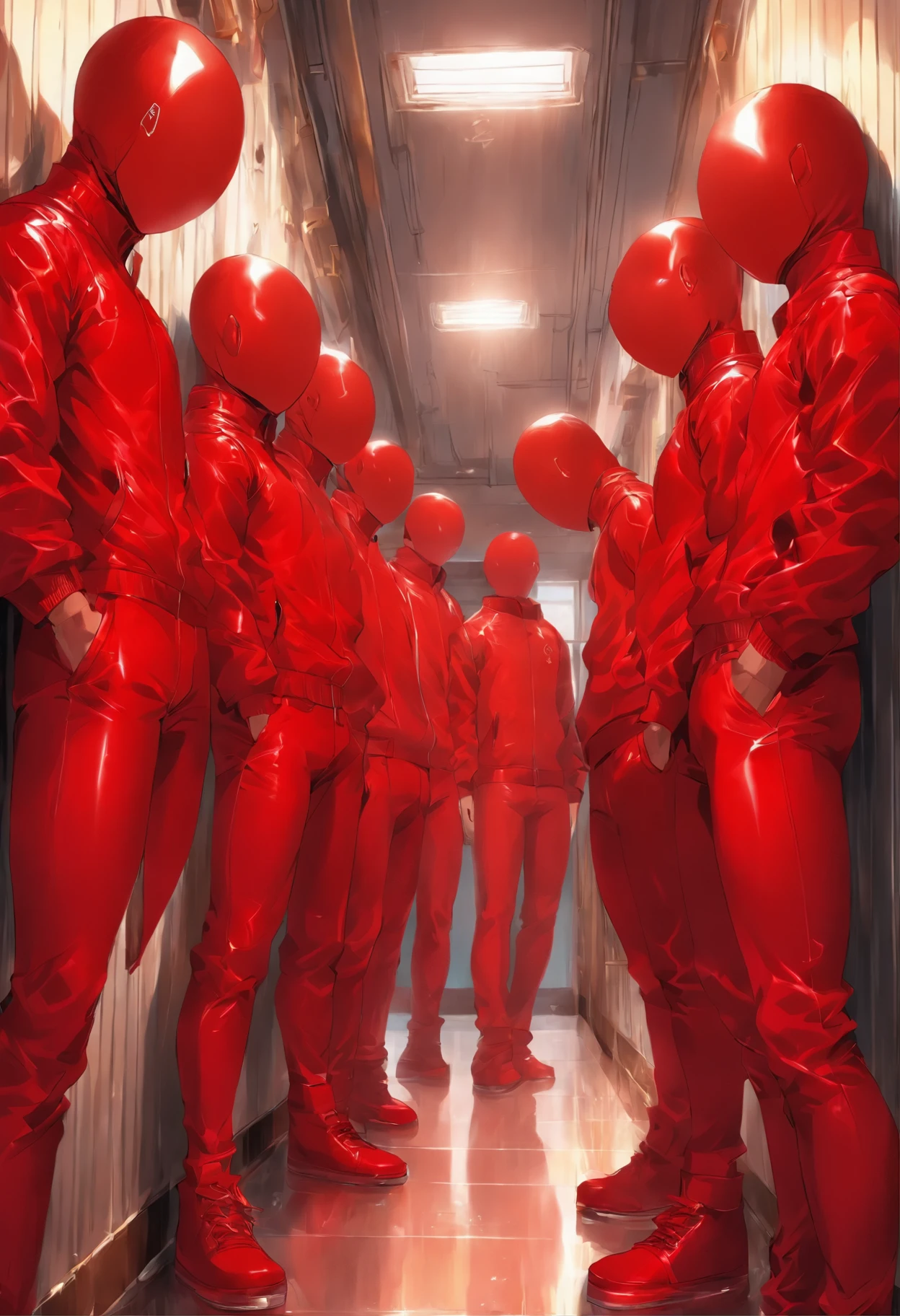 In the boys' dormitory，Four boys in red skinny latex suits，college aged，Muscle men，head to toe