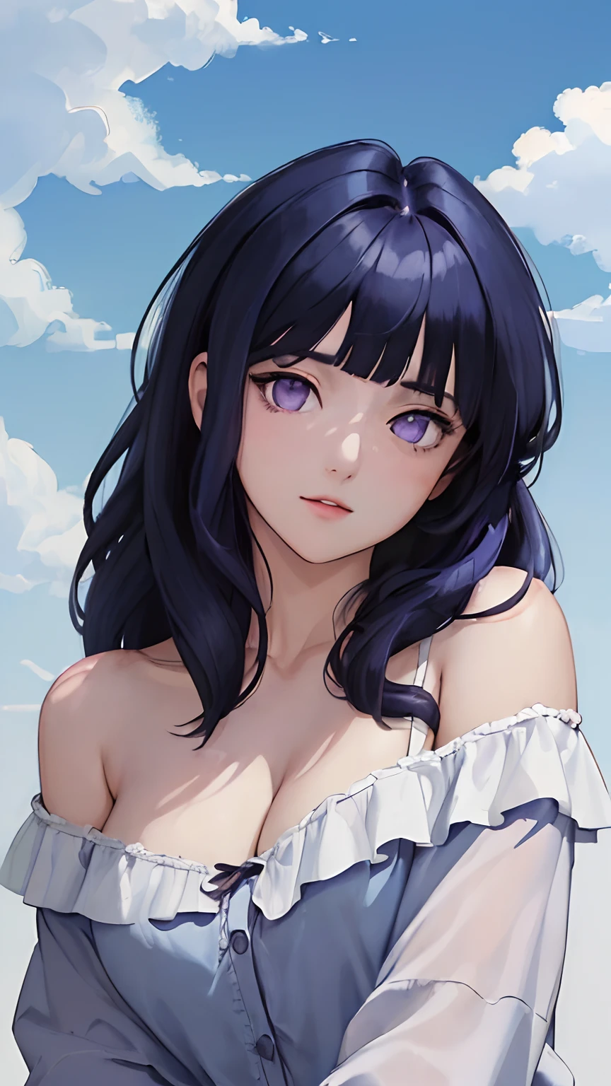 (masterpiece, best quality:1.4), looking at viewer, (on_front:1.2), bright sky,
(Curly hair:0.8), dark blue hair, cloudy sky, sunlight, upper_body, off shoulder, summer, day,Blunt Bangs, purple eyes