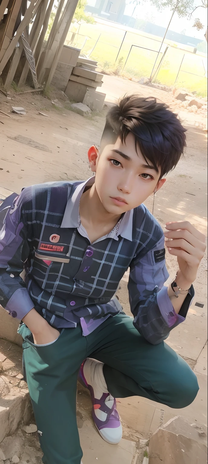 cyber park,Add ,purple, hair cutting ,light in, background,Boy