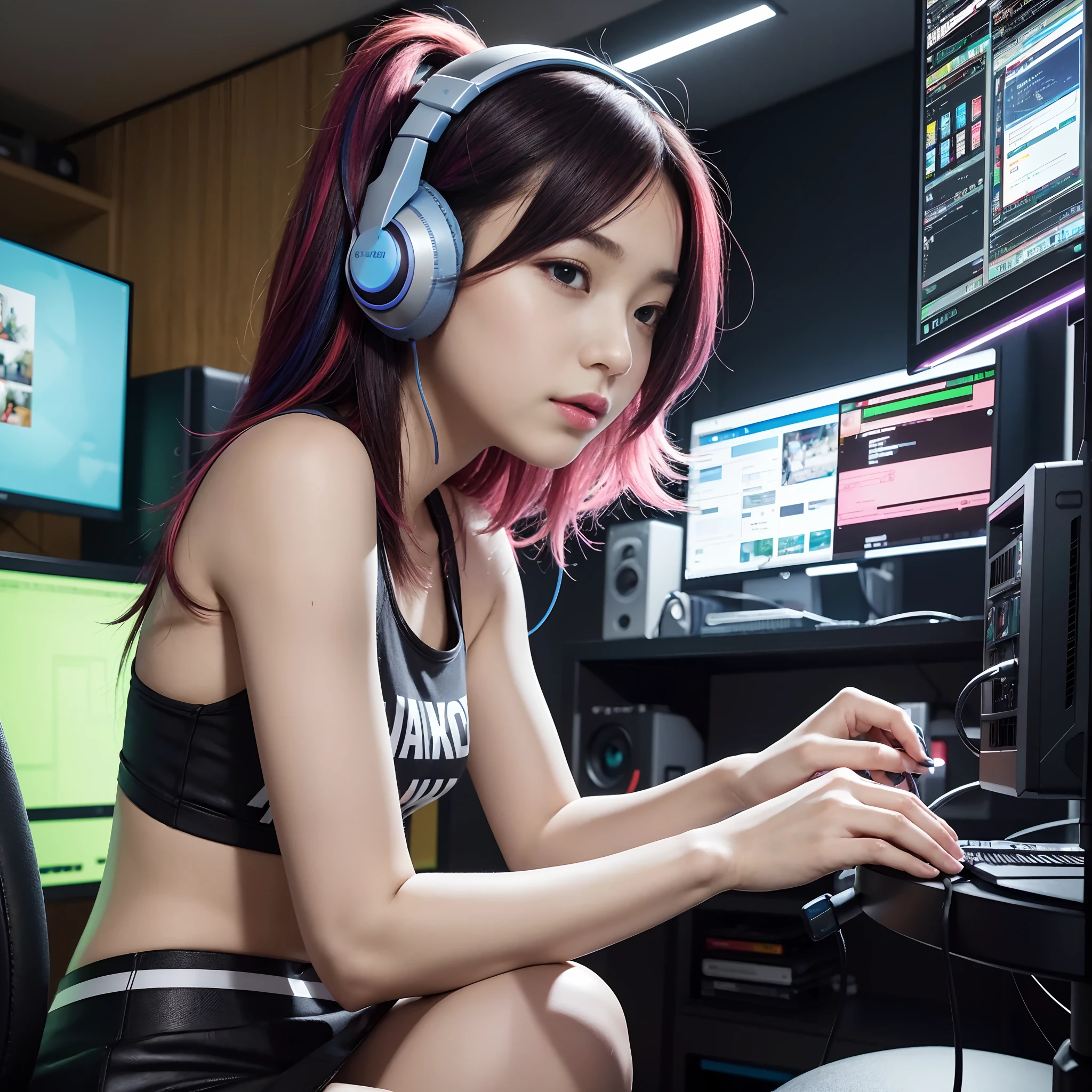 ((Masterpiece)), (((Best Quality)))), ((Illustration)), (Depth of Field: 1.2),Solo,Dynamic Angle,1 Girl,Hacker Beautiful Japan Girl, Indoors, Room, Dim Room, Sci-Fi, Neon, Neon Lights, Cyberpunk, Computer Room, Gaming Headphones, Computer Equipment, Ethical Hacker, Server Room Background, Display lights, monitors, (LED monitors, surrounded by multiple display monitors: 1.5), gaming chair, multicolored hair, striped hair, tank tops, mini skirts, energy drinks, cables, messy room, front, from below