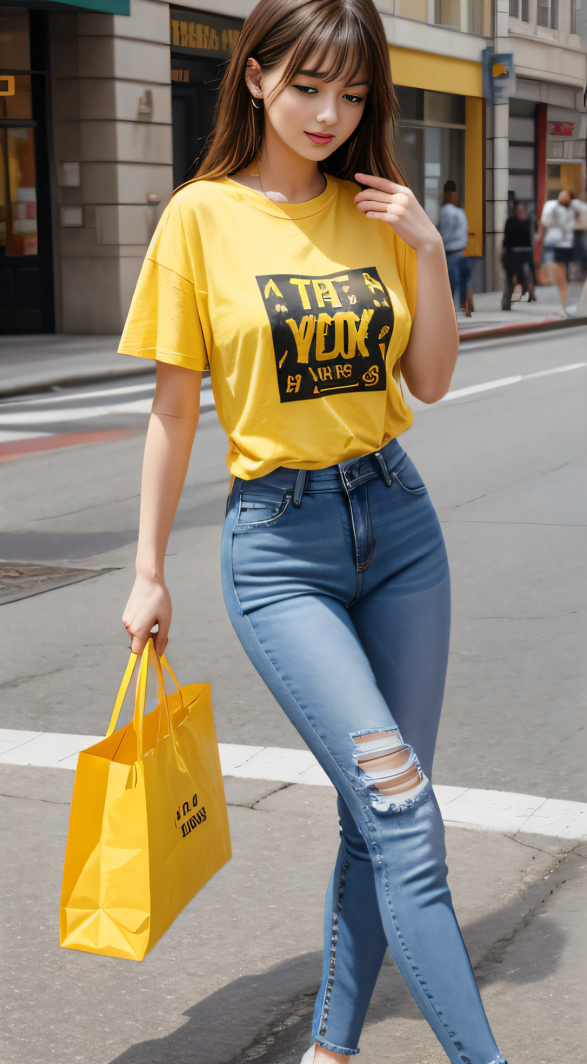 Jeans and yellow t-shirt