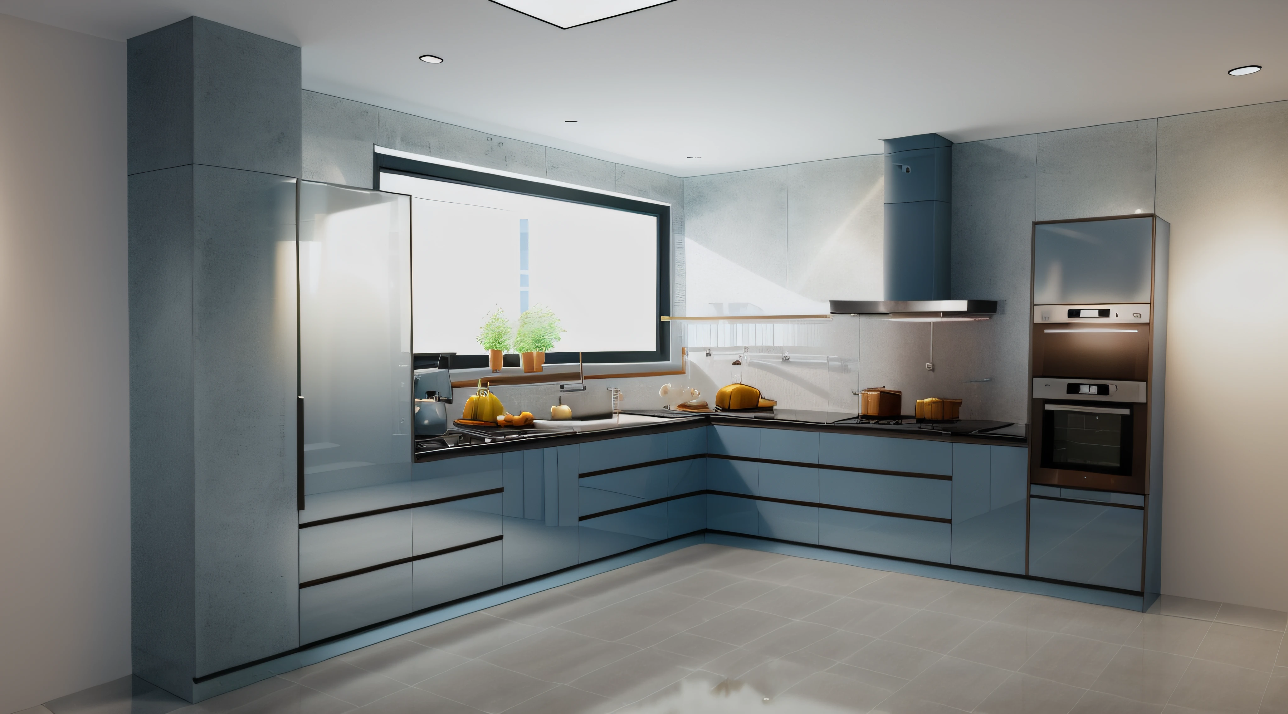 modern kitchen, (((glass window))), light from window, glossy mable floor,kitchen appliance,sink, faucet,long kitchen cabinets, archdaily architecture, , 8k uhd, dslr, soft light, high quality, film grain, Fujifilm XT3, food and drinks, ,((sharp lines)),plaster ceiling,(((blue lower kitchen cabinets:1.3))),White upper kitchen cabinets,((rough wall:1.1)), (nighlight), cinematic lighting,(((Walls do not reflect light)))