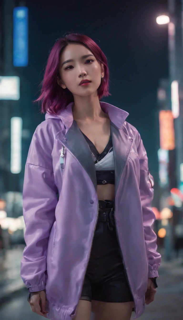 Close-up of the city with neon sunset in the background, Synthwave City, vaporwave city, Synthwave aesthetics, Neon City in the background, Background of Neo Tokyo, Neon metropolis in the background, Futuristic urban background, cyberpunk aesthetics, The city's backstory is cyberpunk, Purple Cyberpunk City, cyberpunk city background, cyberpunk aesthetics, cyberpunk atmosphere, Cyberpunk cityscape,anime clouds, Anime background, anime sky, in style of makoto shinkai, Beautiful puffy clouds. the anime, style of makoto shinkai, makoto sinkai!, beautiful anime scenery, based on Makoto Shinkai, Anime Landscape Wallpaper, makoto sinkai!!, Makoto Shinkai art style,japanaese girl,pale skin,beatiful face(purple hair)red jacket,Tokyo at night, with Cyberpunk style,Japanese streetwear,Tokyo Fashion,In a Cyberpunk 2 jacket 0 7 7,Full-length,attractive pose,Bottom view
