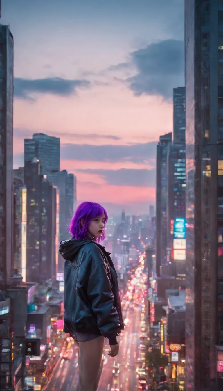 Close-up of the city with neon sunset in the background, Synthwave City, vaporwave city, Synthwave aesthetics, Neon City in the background, Background of Neo Tokyo, Neon metropolis in the background, Futuristic urban background, cyberpunk aesthetics, The city's backstory is cyberpunk, Purple Cyberpunk City, cyberpunk city background, cyberpunk aesthetics, cyberpunk atmosphere, Cyberpunk cityscape,anime clouds, Anime background, anime sky, in style of makoto shinkai, Beautiful puffy clouds. the anime, style of makoto shinkai, makoto sinkai!, beautiful anime scenery, based on Makoto Shinkai, Anime Landscape Wallpaper, makoto sinkai!!, Makoto Shinkai art style,japanaese girl,pale skin,beatiful face(purple hair)red jacket,Tokyo at night, with Cyberpunk style,Japanese streetwear,Tokyo Fashion,In a Cyberpunk 2 jacket 0 7 7,Full-length,attractive pose,Bottom view