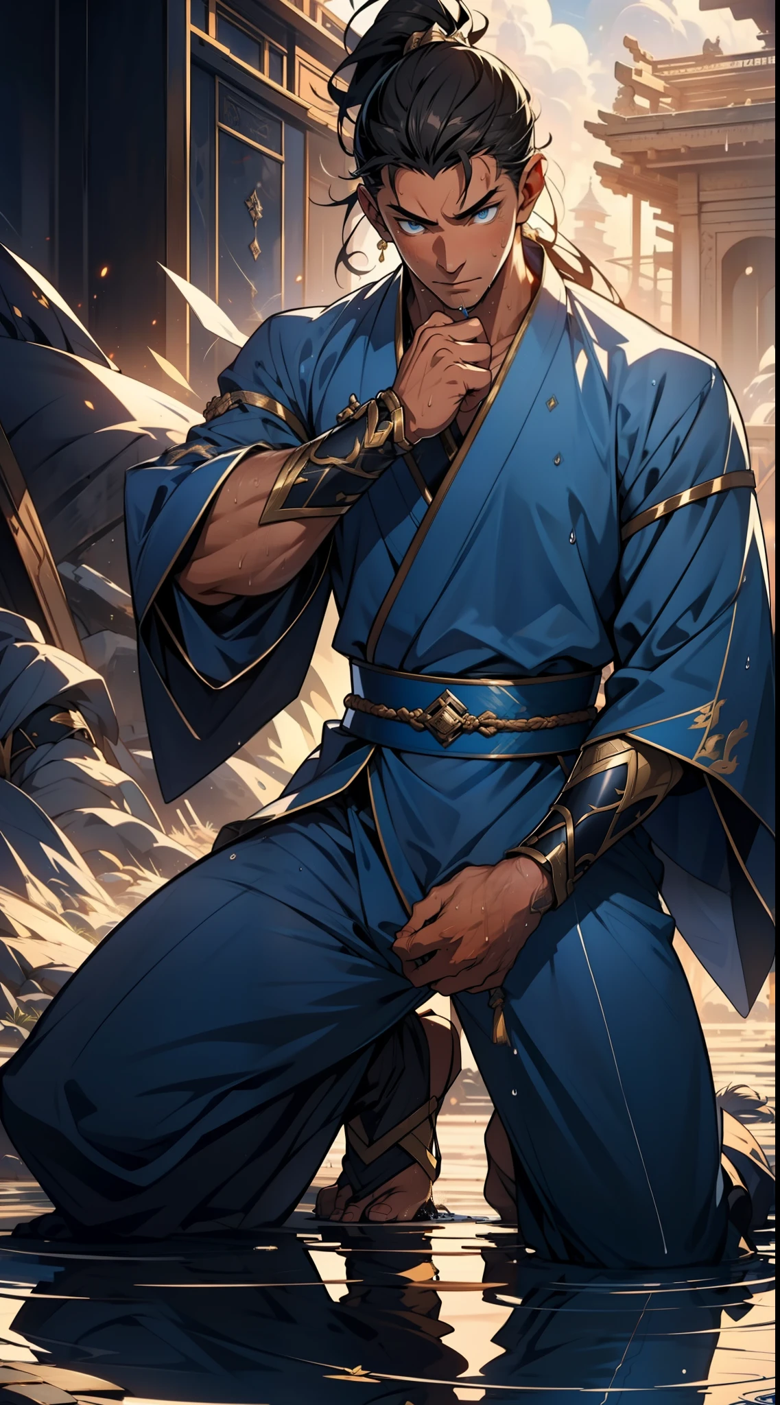 quadratic element,style of anime,mtu(Male Warrior),The proportions are correct,Face details,swordsmen,High ponytail hairstyle,Neck details,There is an Adam's apple,Blue suit,kaftan,long blue robes,clothes details,Handing over,longer sleeves,Game quality,Swordsmanship,Light and shadow tracking,Ray traching,detailed glow,cg render,hair detail,Black long hair,blue colored eyes,Handsome,Handsome,(juvenile sense),Clothing is complicated,Perfectcomposition,Refinement,high qulity,higher details,Lots of details,The background is complex,a sense of atmosphere, 1 man,is shy,Pee on the legs,pissing,Urine runs down the thighs,embarressed,exhilarated,is shocked,panicking,worry,A small puddle of their own urine forms around the feet,full bodyesbian,kneels on the ground,Very eager to pee,It's uncomfortable,Wet yourself,Urine discharge, Sweaty crotch,Drenched,