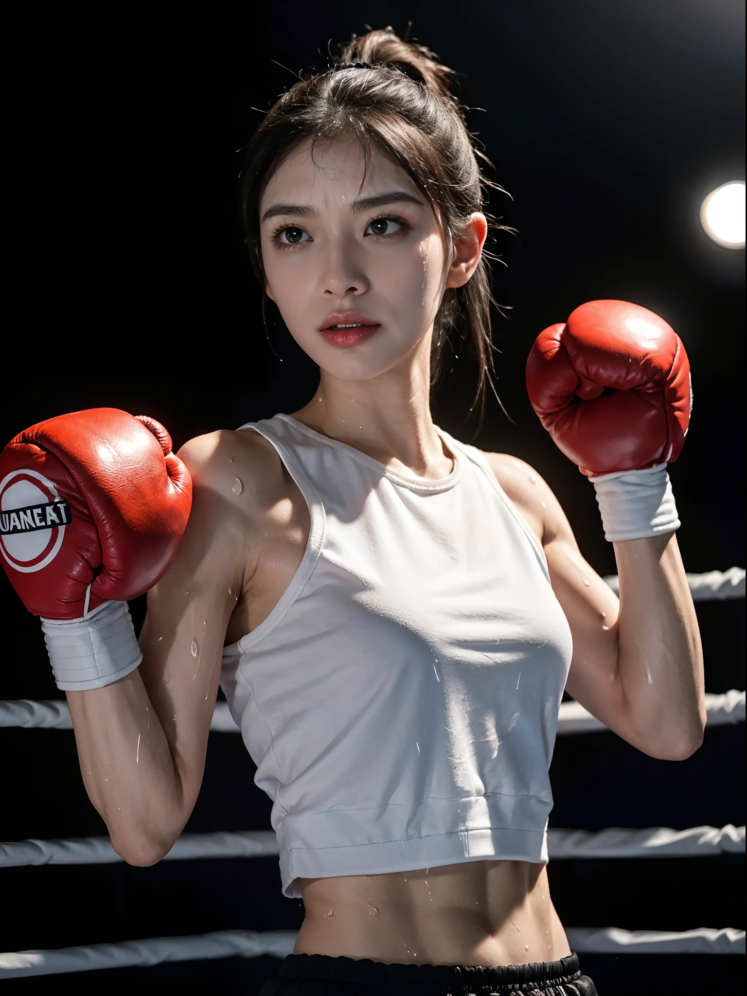 Light blue boxing gloves，White top，Boxing pose，photo from the side，Fist swinging action，hyper HD，超高分辨率，1.4x Realistic Ultra HD