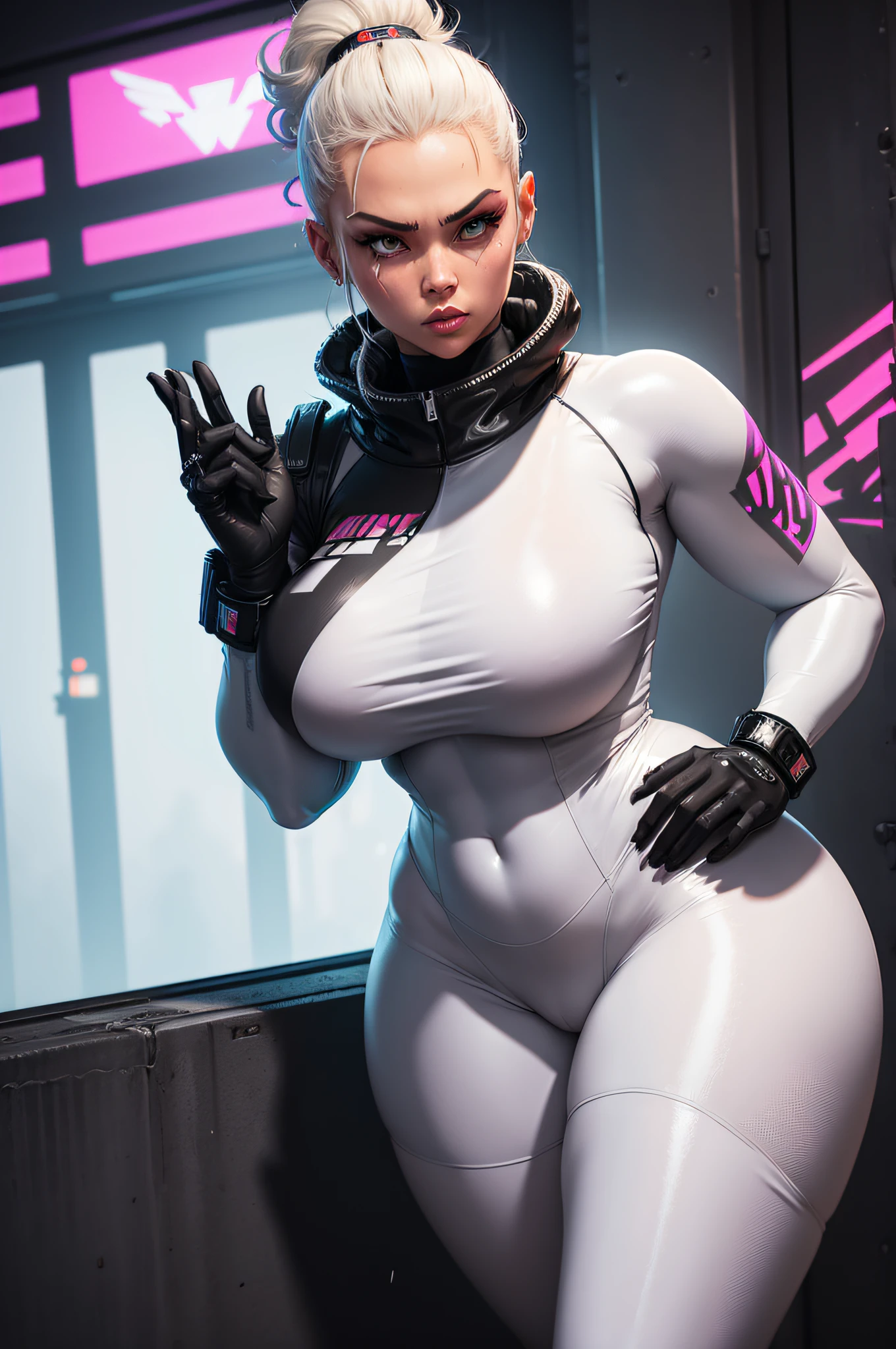 Fashion design. White Catsuit covered in graffiti slogsns. very wide hips. thick legs. Cyberpunk 2077 character design by Laurie Greasley, mitch byrd, Genndy Tartakovsky and alex ross. Supermax prison. night. rain. buff. chubby. black spacebuns. Vigilante kickboxer.