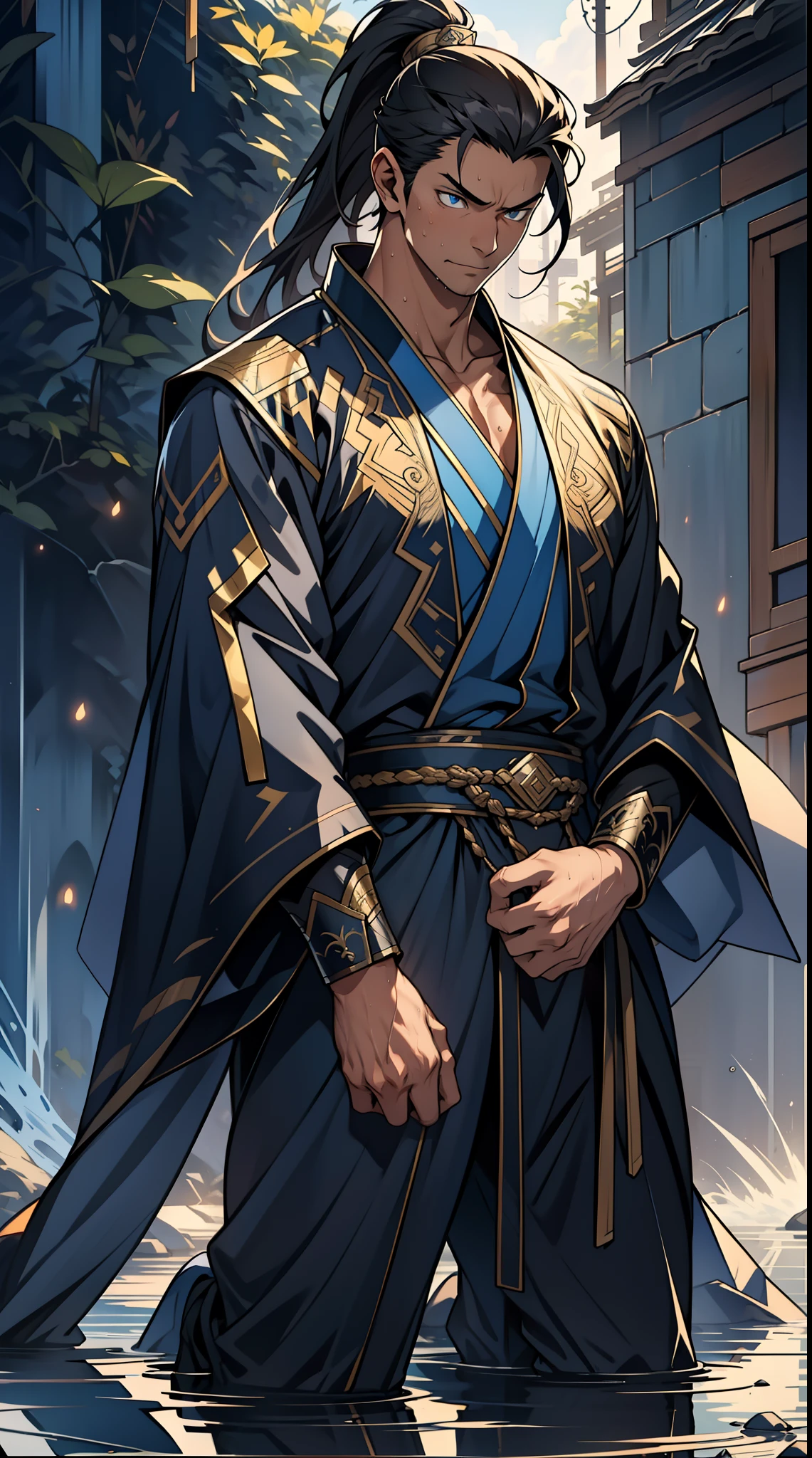 quadratic element,style of anime,mtu(Male Warrior),The proportions are correct,Face details,swordsmen,High ponytail hairstyle,Neck details,There is an Adam's apple,Blue suit,kaftan,long blue robes,clothes details,Handing over,longer sleeves,Game quality,Swordsmanship,Light and shadow tracking,Ray traching,detailed glow,cg render,hair detail,Black long hair,blue colored eyes,Handsome,Handsome,(juvenile sense),Clothing is complicated,Perfectcomposition,Refinement,high qulity,higher details,Lots of details,The background is complex,a sense of atmosphere, 1 man,is shy,Pee on the legs,pissing,Urine runs down the thighs,embarressed,exhilarated,is shocked,panicking,worry,A small puddle of their own urine forms around the feet,full bodyesbian,kneels on the ground,Very eager to pee,It's uncomfortable,Wet yourself,Urine discharge, Sweaty crotch,Drenched,