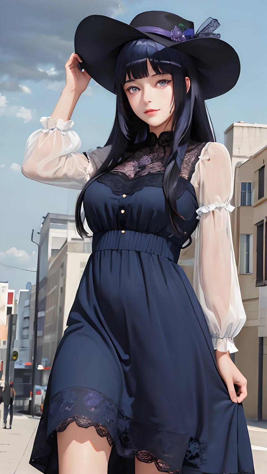 (masterpiece, best quality:1.4), looking at viewer, on_front,
(wavy hair:0.8), dark blue hair, cloudy sky,Blunt Bangs, purple eyes, classic dress,lace,hat