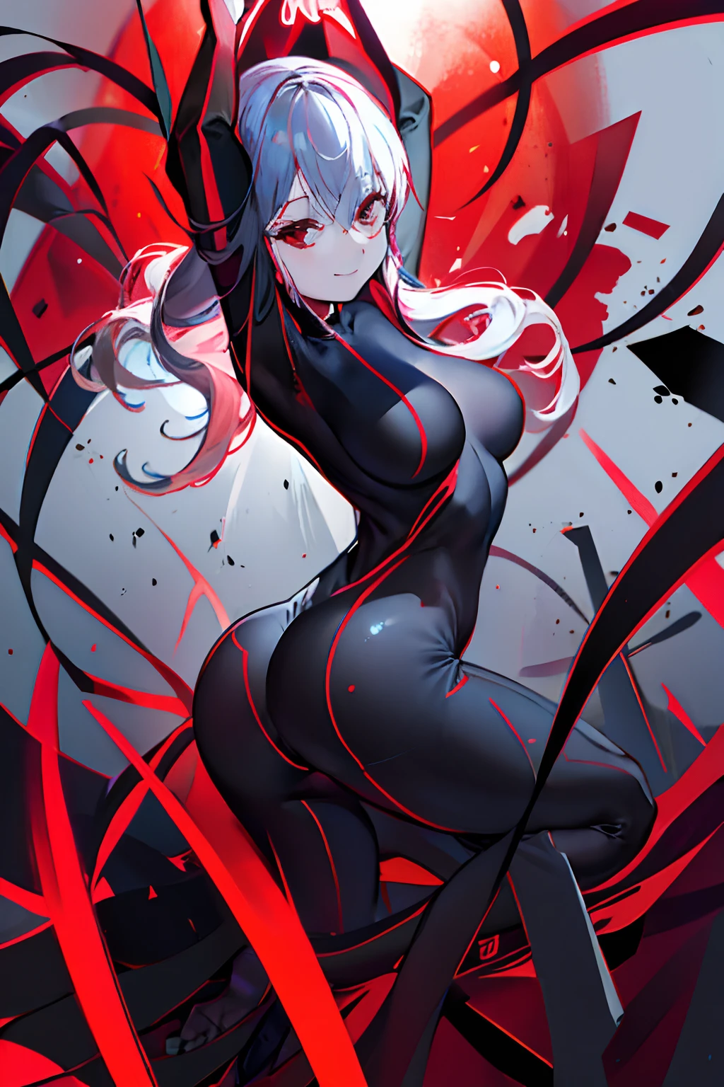 Black full body suit Red lines all over the body 3 girl seductiv a smile succubus Rear view