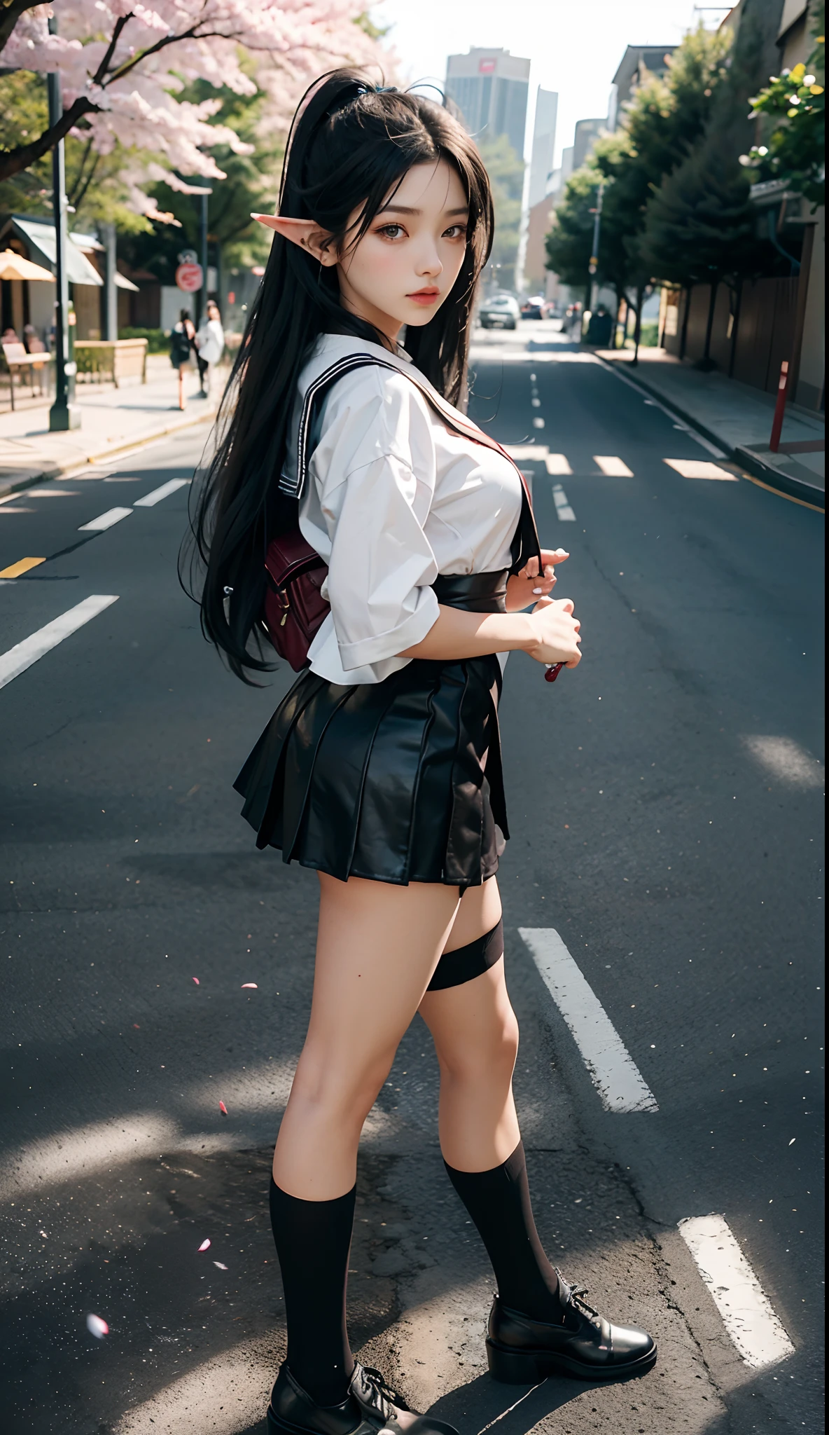 (Japanese-style school,the cherry trees:1 Elf beauty,standing on your feet,a sailor suit), tmasterpiece, best qualtiy, RAW photogr,Meticulous facial portrayal,realisticlying, Incredibly Ridiculous res,(Elf long ears), ear studs,hair pin, (Long flowing silver-black hair:1.9),eye shadows,(a sailor suit),eardrop,foot ring,short skirt,(Black sport socks)(Black half-knee socks),(Black sport socks),(Low-heeled leather shoes),two longer legs,depth of fields, A high resolution, ultra - detailed, filigree, RAWE is very detailed, very detailed eyes and faces, Sharp pupils, realistic pupil, tack sharp focus, cinmatic lighting,full bodyesbian,Bigboobs,long leges,From the front side,dynamicposes,Normal posture,closeup of face