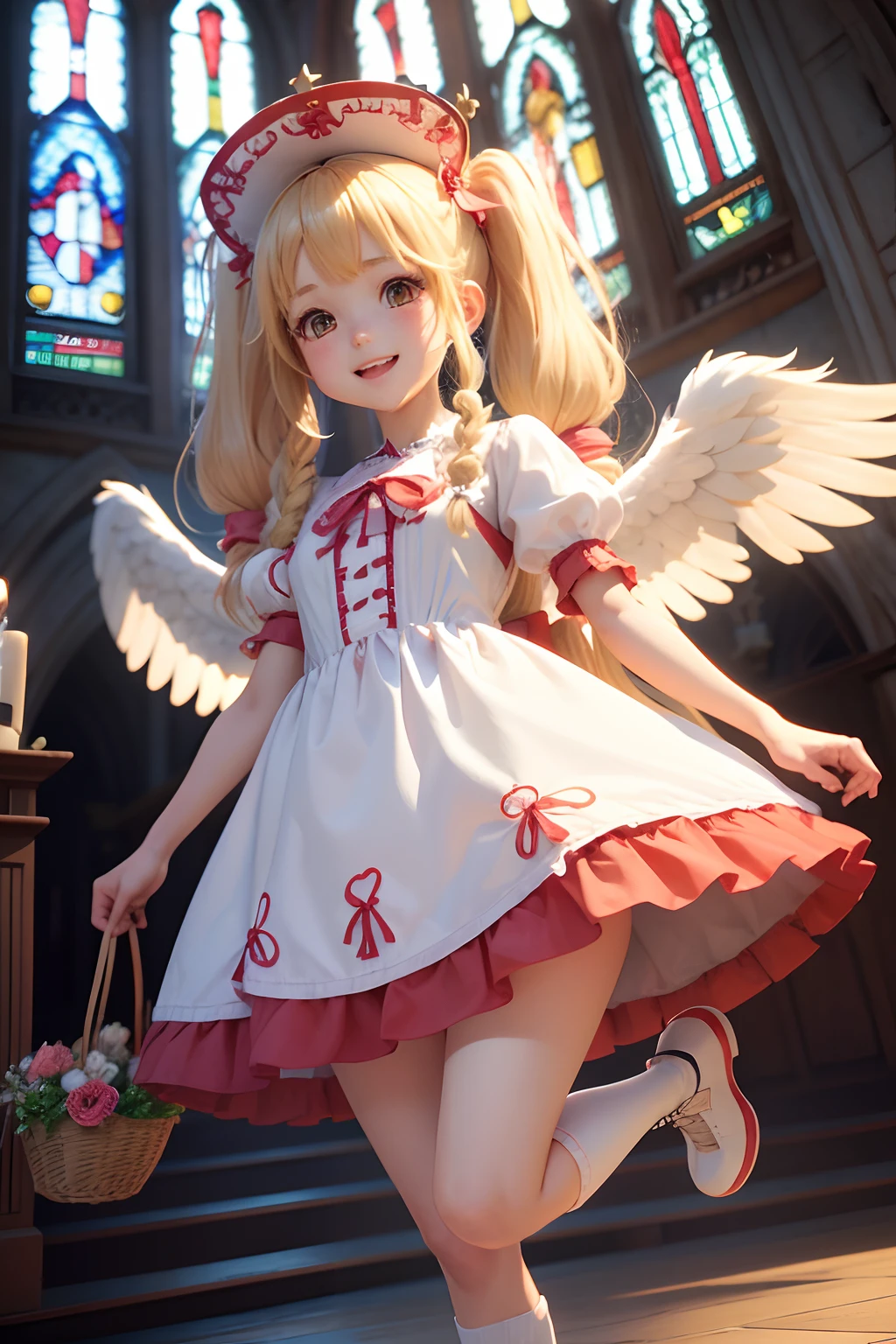 (masterpiece, best quality:1.1), petite, <lora:kinomoto_sakura_v1:0.7>, kinomoto sakura, 1girl, brown hair, short hair, antenna hair, red headwear, green eyes, frills, red dress, puffy short sleeves, white gloves, red bow, white thighhighs, white wings
