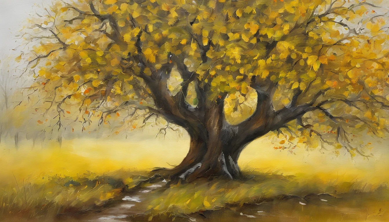 There is a gazebo by the meadow,The yellow gum tree next to it began to lose its leaves,Dead yellow leaves fall from trees like yellow butterflies falling from trees in the autumn breeze,Falls on the grass,It seems to be sheltering the grass from the wind and rain。Next to the yellow gum tree,There is a small-leaved ficus tree,Still so green,It seems that he is not afraid of the cold at all。