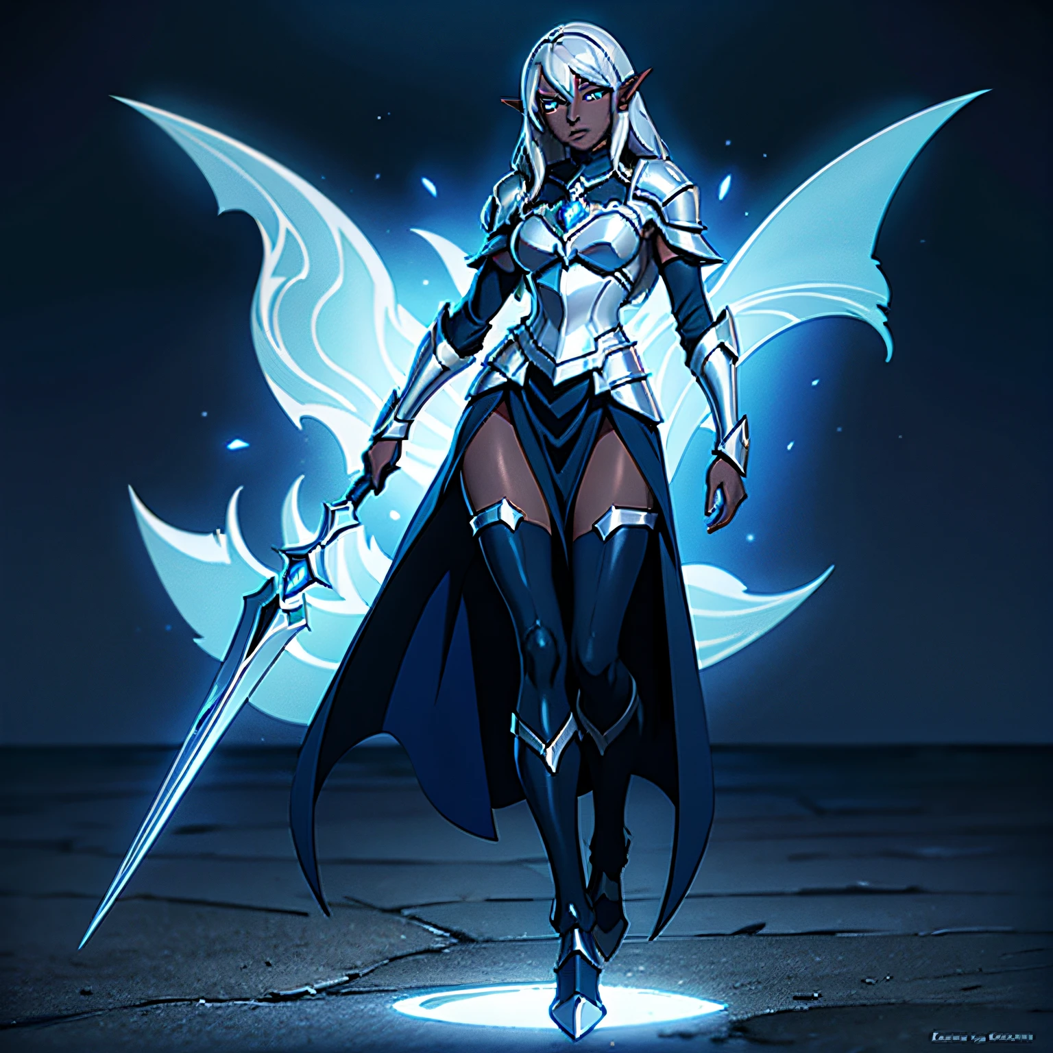 Dark elf, drow, Eilistraee, paladin, knight, dark blue skin, silvery hair, blue eyes, full body