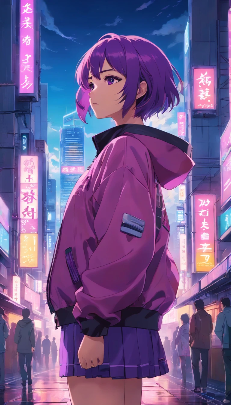 Close-up of the city with neon sunset in the background, Synthwave City, vaporwave city, Synthwave aesthetics, Neon City in the background, Background of Neo Tokyo, Neon metropolis in the background, Futuristic urban background, cyberpunk aesthetics, The city's backstory is cyberpunk, Purple Cyberpunk City, cyberpunk city background, cyberpunk aesthetics, cyberpunk atmosphere, Cyberpunk cityscape,anime clouds, Anime background, anime sky, in style of makoto shinkai, Beautiful puffy clouds. the anime, style of makoto shinkai, makoto sinkai!, beautiful anime scenery, based on Makoto Shinkai, Anime Landscape Wallpaper, makoto sinkai!!, Makoto Shinkai art style,japanaese girl,pale skin,beatiful face(purple hair)red jacket,Tokyo at night, with Cyberpunk style,Japanese streetwear,Tokyo Fashion,In a Cyberpunk 2 jacket 0 7 7,Full-length,attractive pose,Bottom view